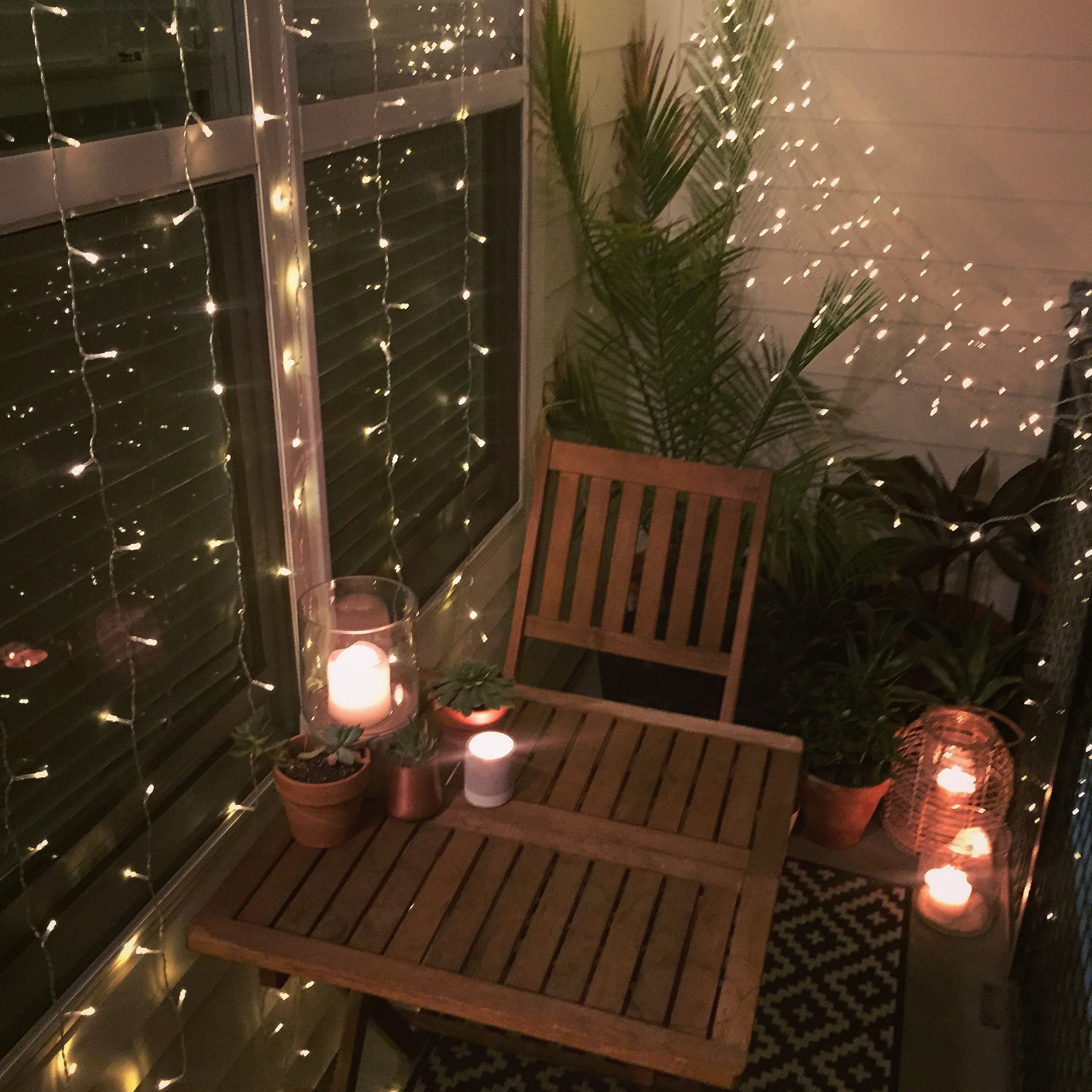Small balcony decor ideas for an apartment. Hanging string lights ...