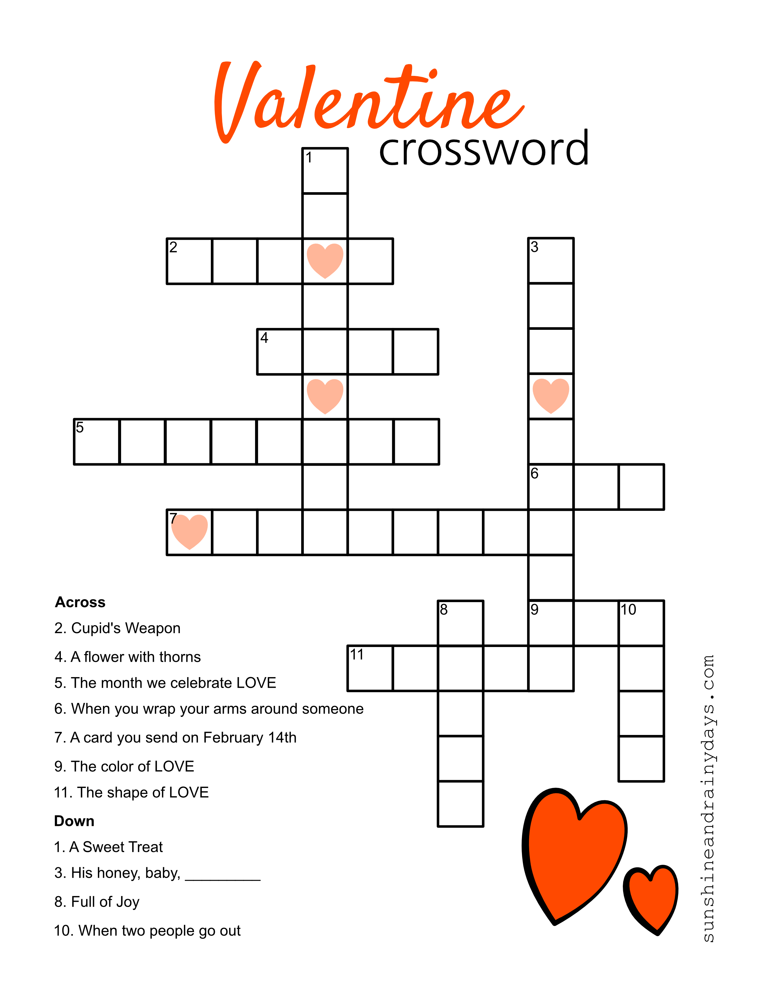 Valentine Crossword Puzzle - Sunshine and Rainy Days