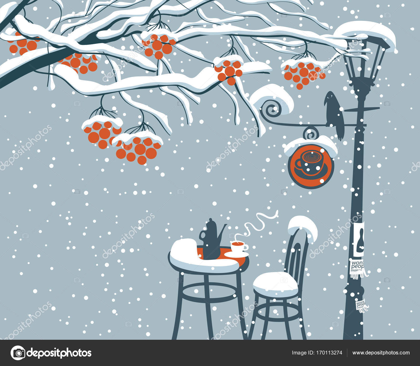 winter street cafe under Rowan tree with lamppost — Stock Vector ...