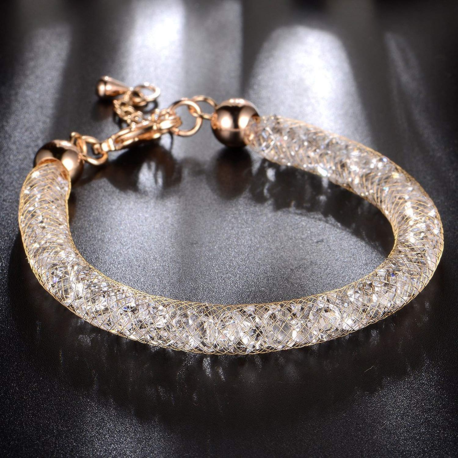 Amazon.com: Mytys 18k Rose Gold Mesh Crystal Charm Bracelet Cubic ...