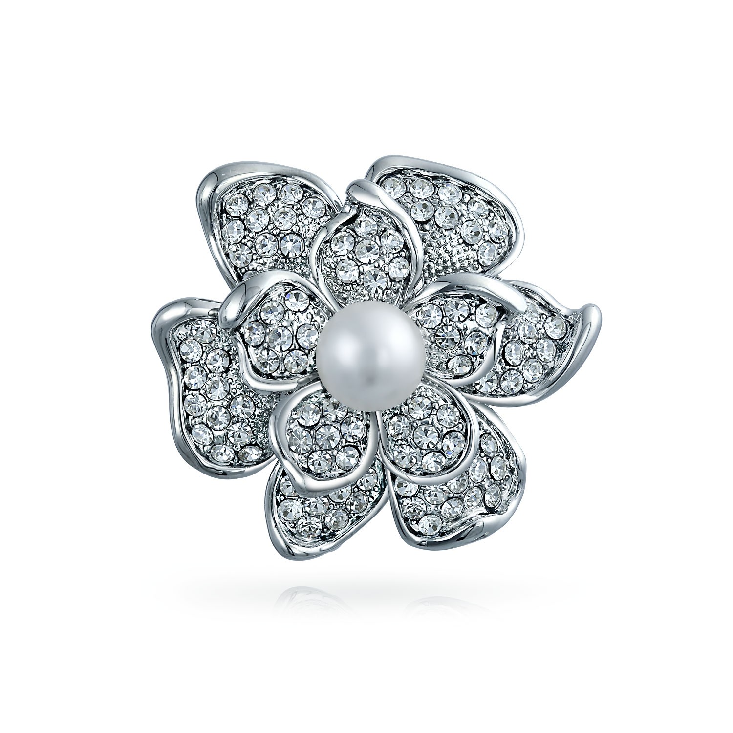Clear Crystal Flower Pin Round White Pearl Brooch