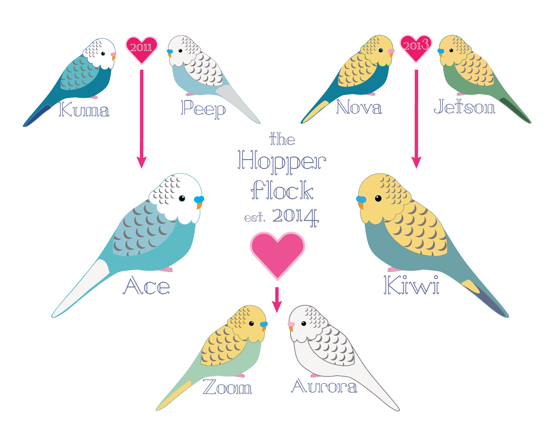 My wife made a really cute Budgie family tree! : budgies