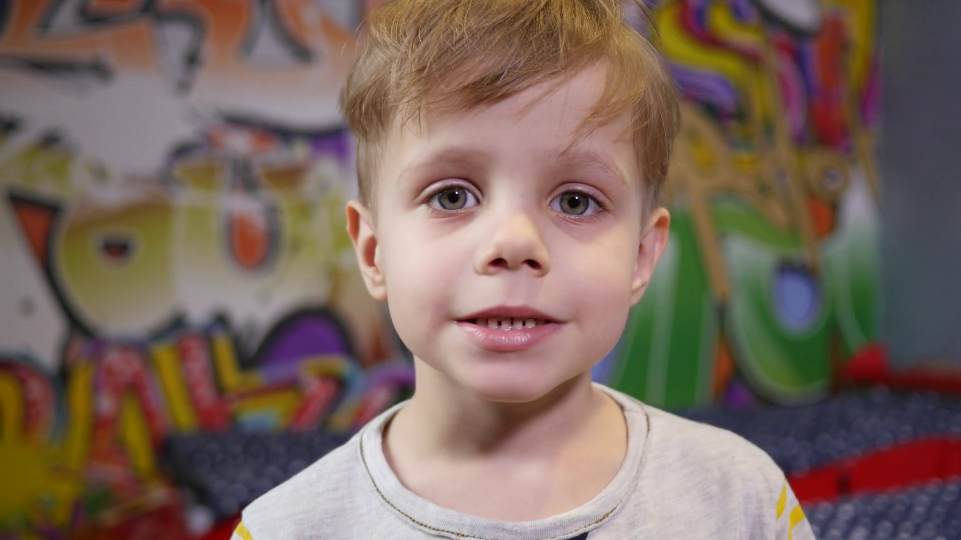 Little Cute Kid Boy Face Portrait Closeup Grimace Smile On Camera ...