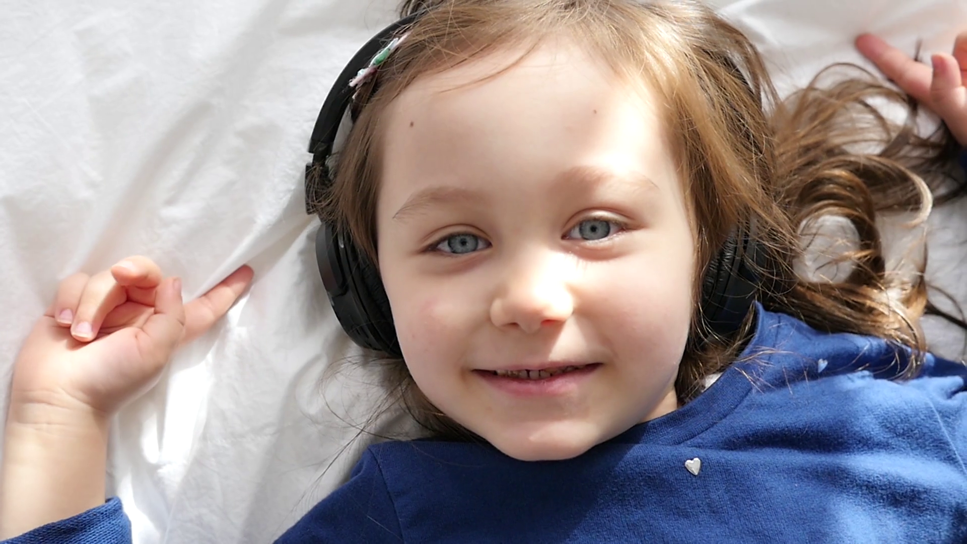 Cute Little Kid Girl Face Portrait In Headphones Enjoy Listen To ...