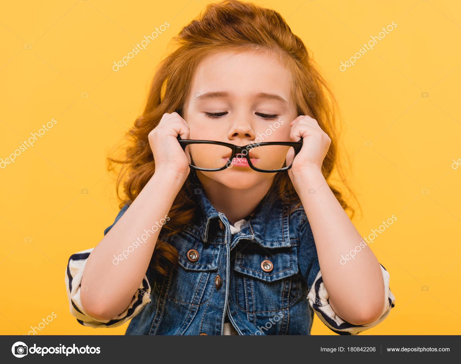 Portrait Cute Little Kid Wearing Eyeglasses Isolated Yellow — Stock ...