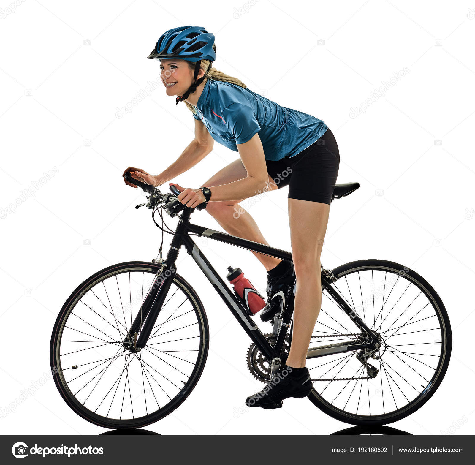 cyclist cycling riding bicycle woman isolated white background ...