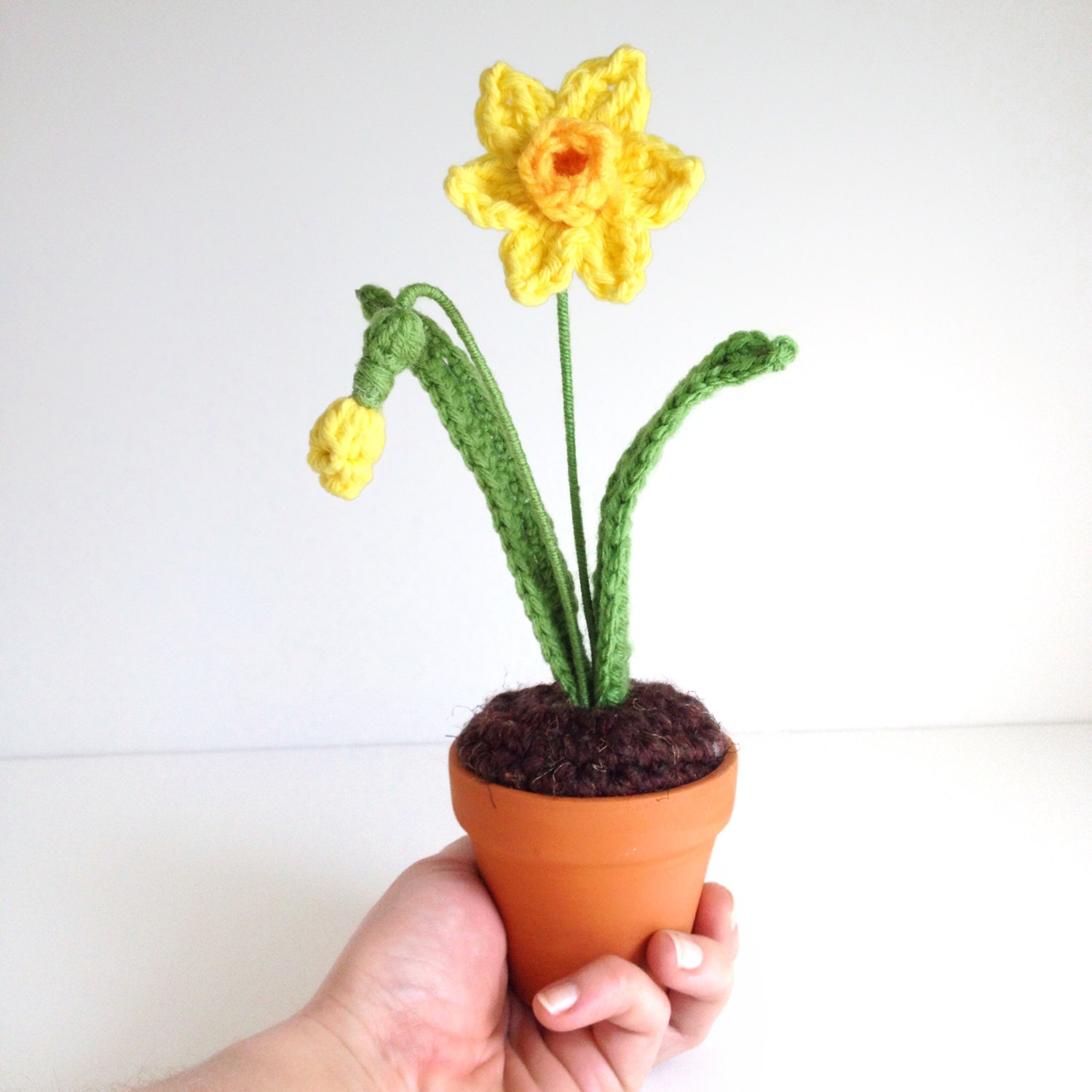 Mini Crochet Daffodil in terra cotta pot Narcissus