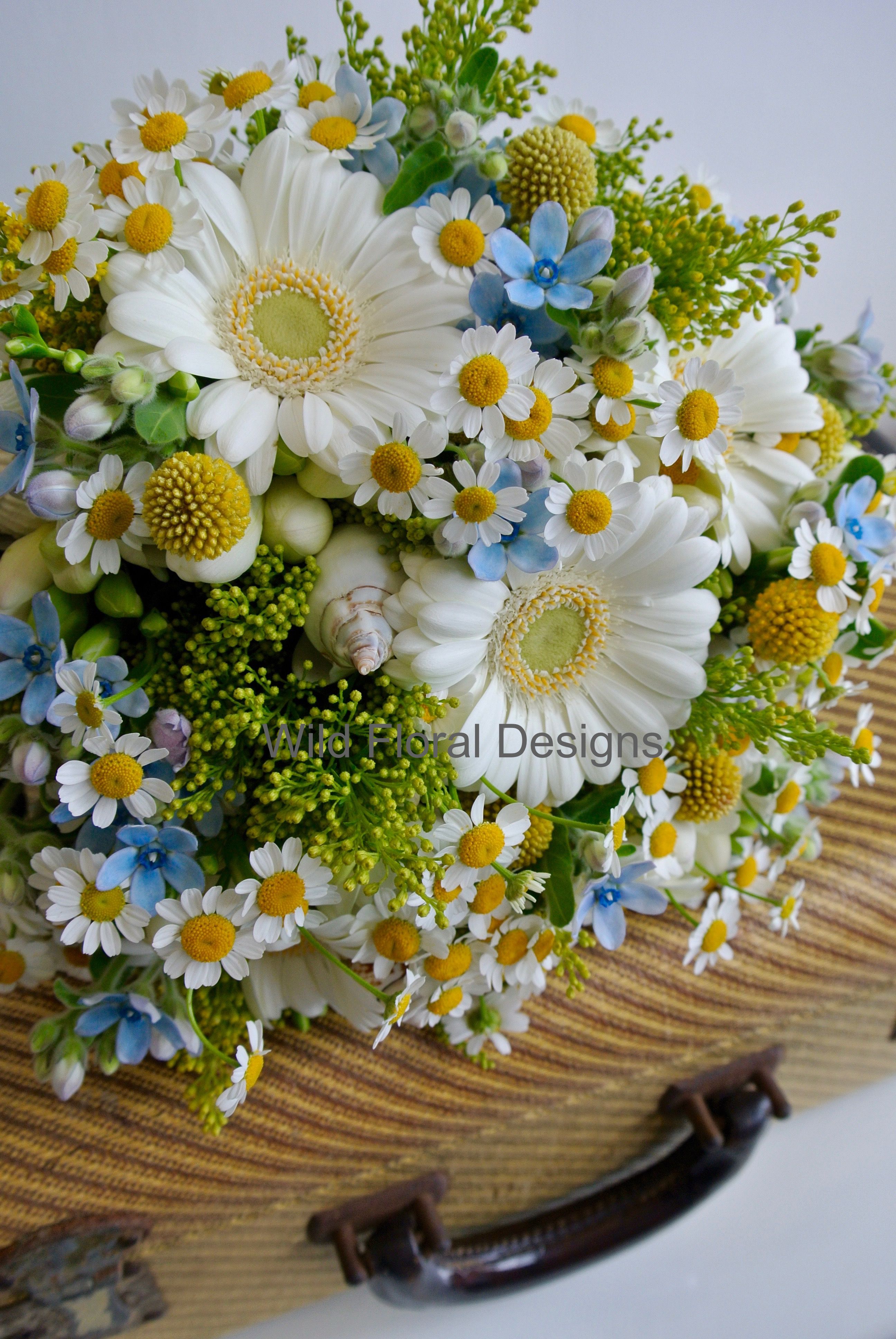 Summer brides bouquet, white Germini, mini Gerbera, Daisy, Solidago ...