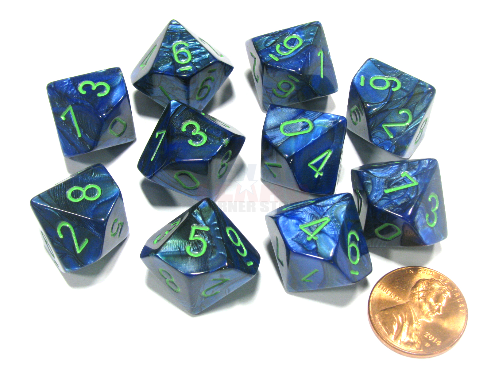 Chessex Set of 10 Lustrous D10 Dice - Dark Blue with Green Numbers ...