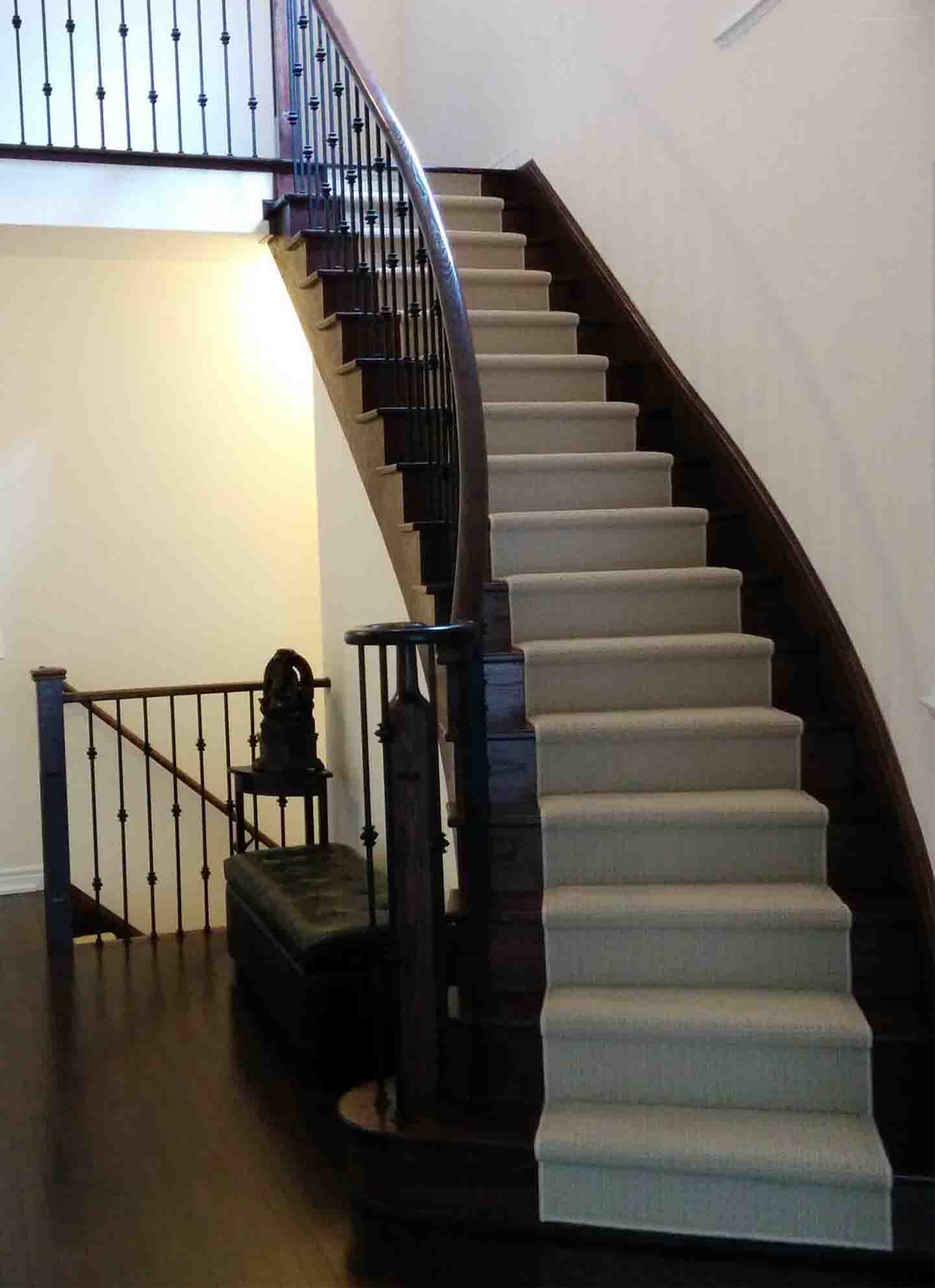 Black Stained Wooden Stair With Banister And Gray Carpet Combined ...