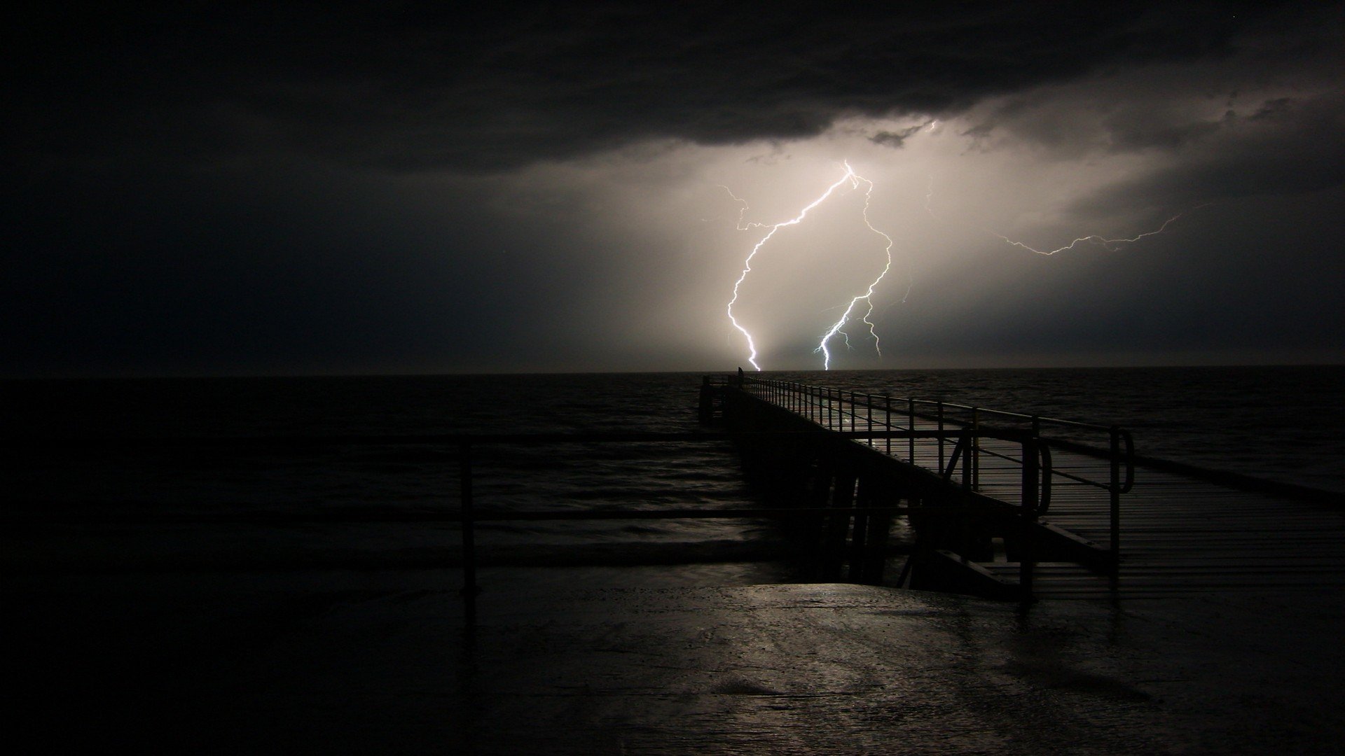 Dark Lightning Ocean Piers Storm Weather - WallDevil