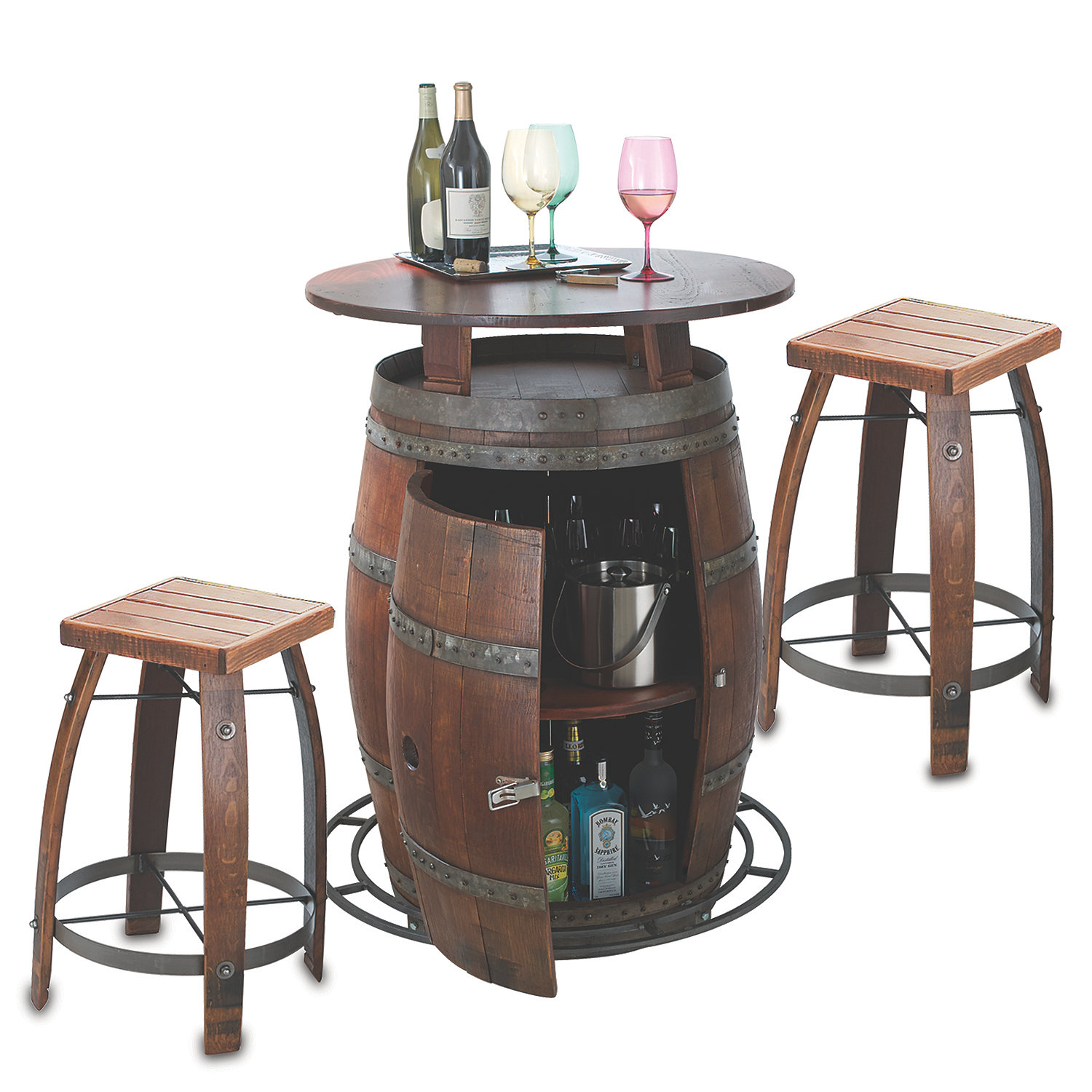 Outdoor Vintage Oak Wine Barrel Bistro Table & Bar Stools - Wine ...