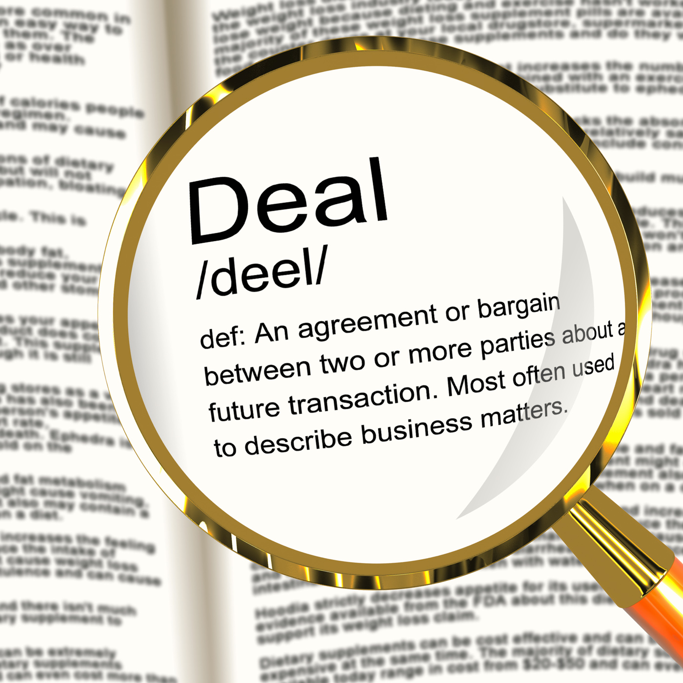 Deal definition magnifier showing agreement bargain or partnership photo