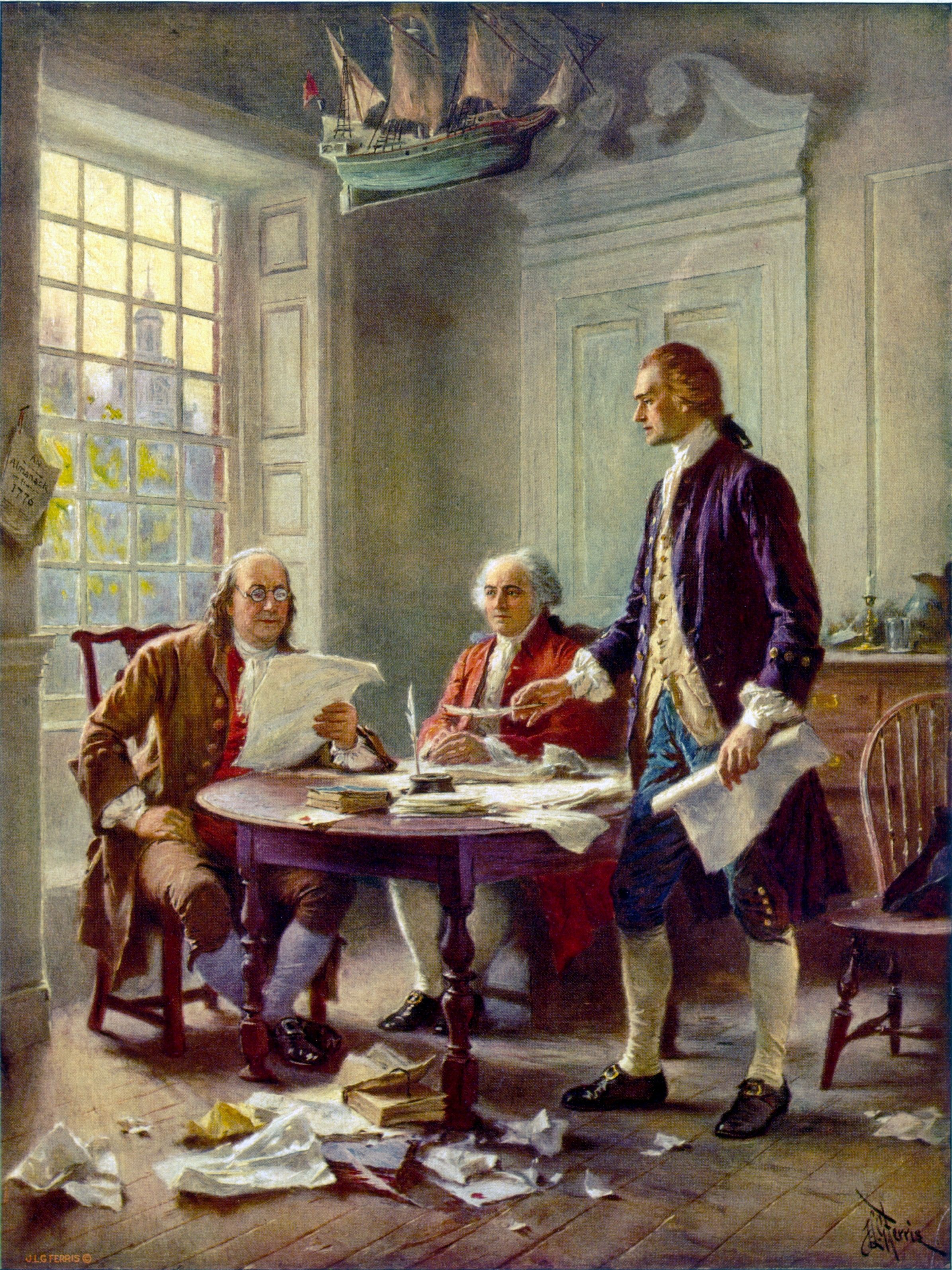 This idealized depiction of (left to right) Franklin, Adams, and ...