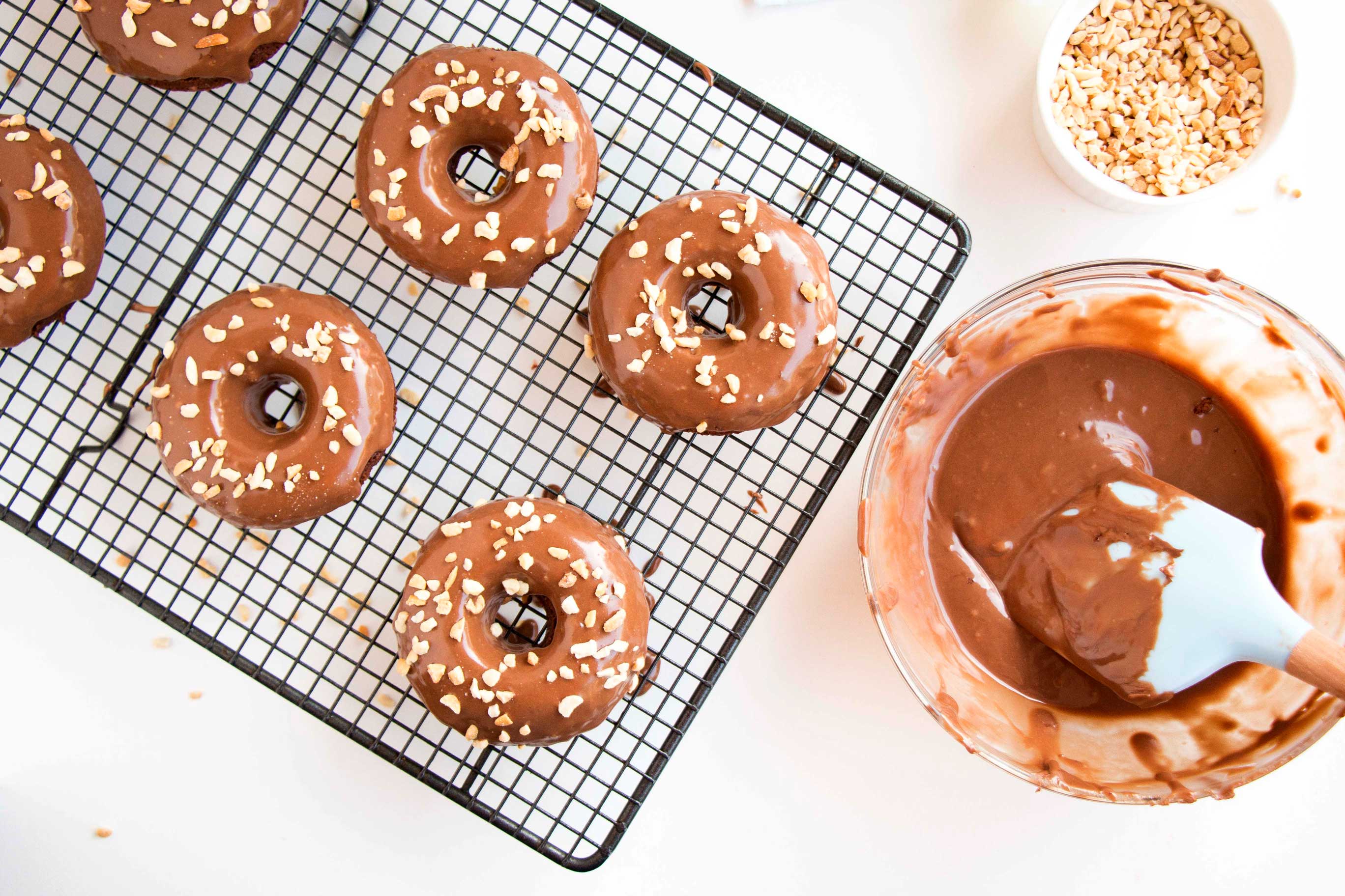 Baked Chocolate Cake Donuts Topped With Nutella Glaze - Baking-Ginger