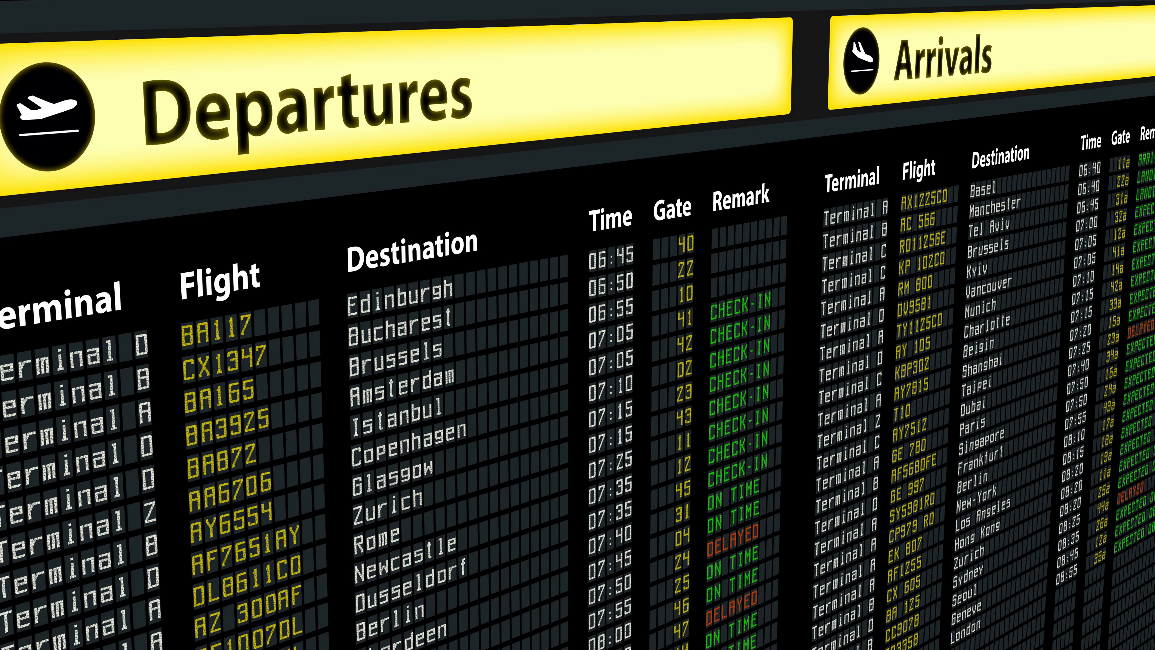 Flight information on airport arrivals departures board, timetable ...