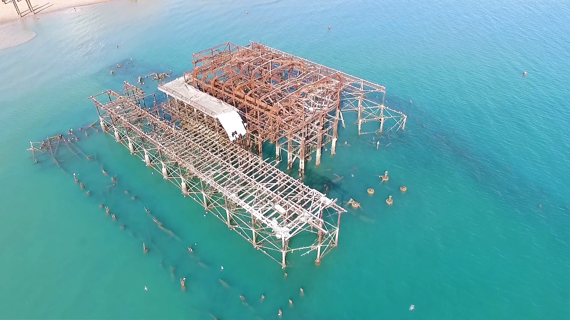 Aerial view of the remains of the derelict West pier in Brighton ...