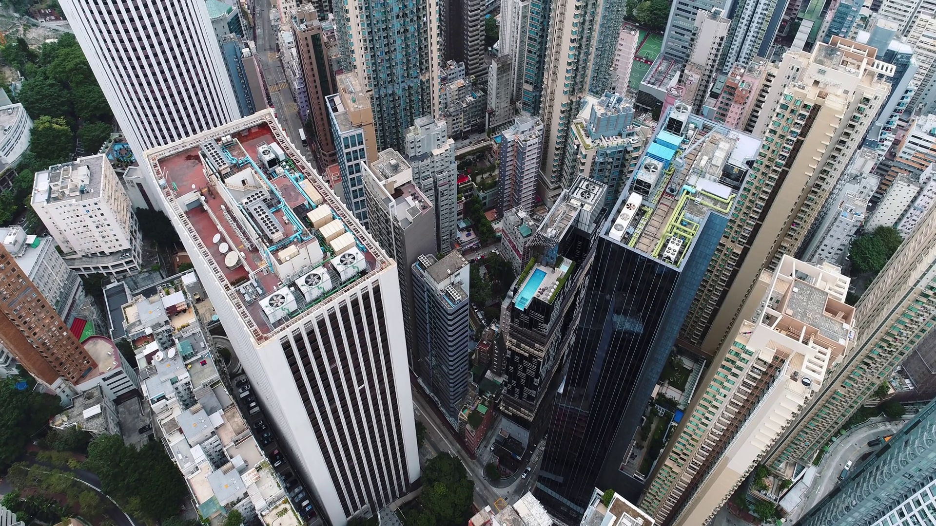 Top view aerial photo from flying drone of a developed Hong Kong ...