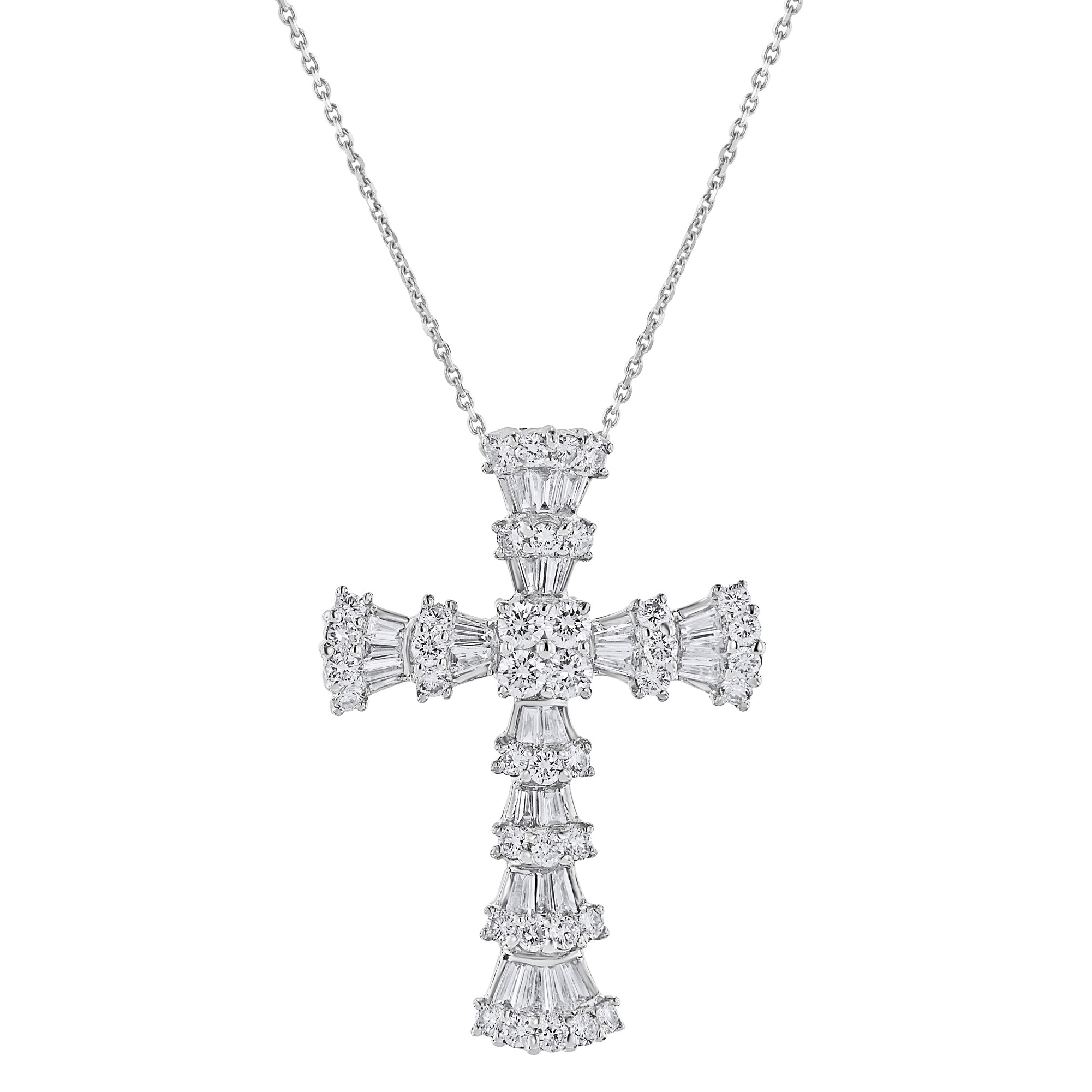 Round and Baguette Layered Diamond Cross Pendant in 18k White Gold ...