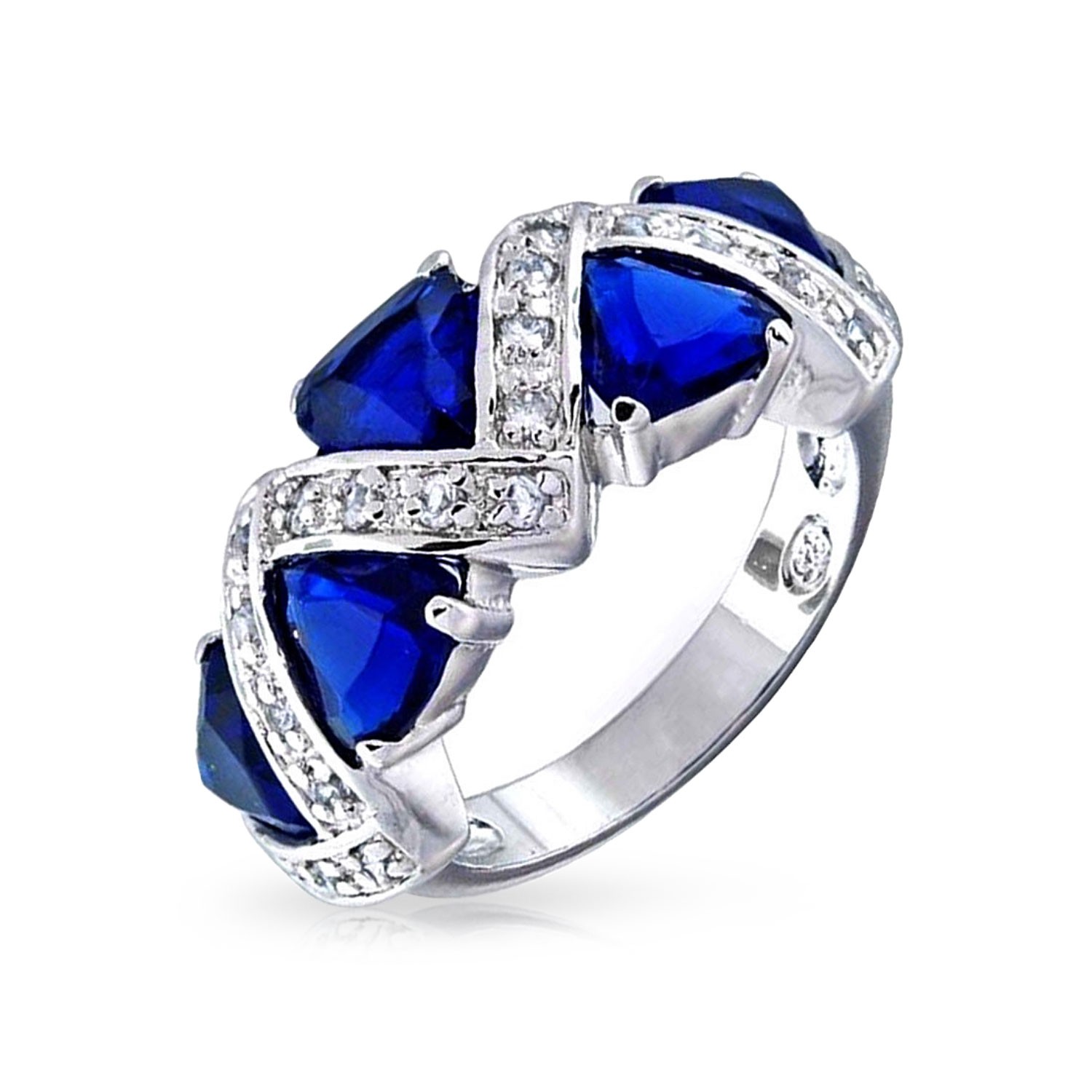 Sterling Silver Trillion Cut Blue Sapphire Color CZ Zig Zag Ring