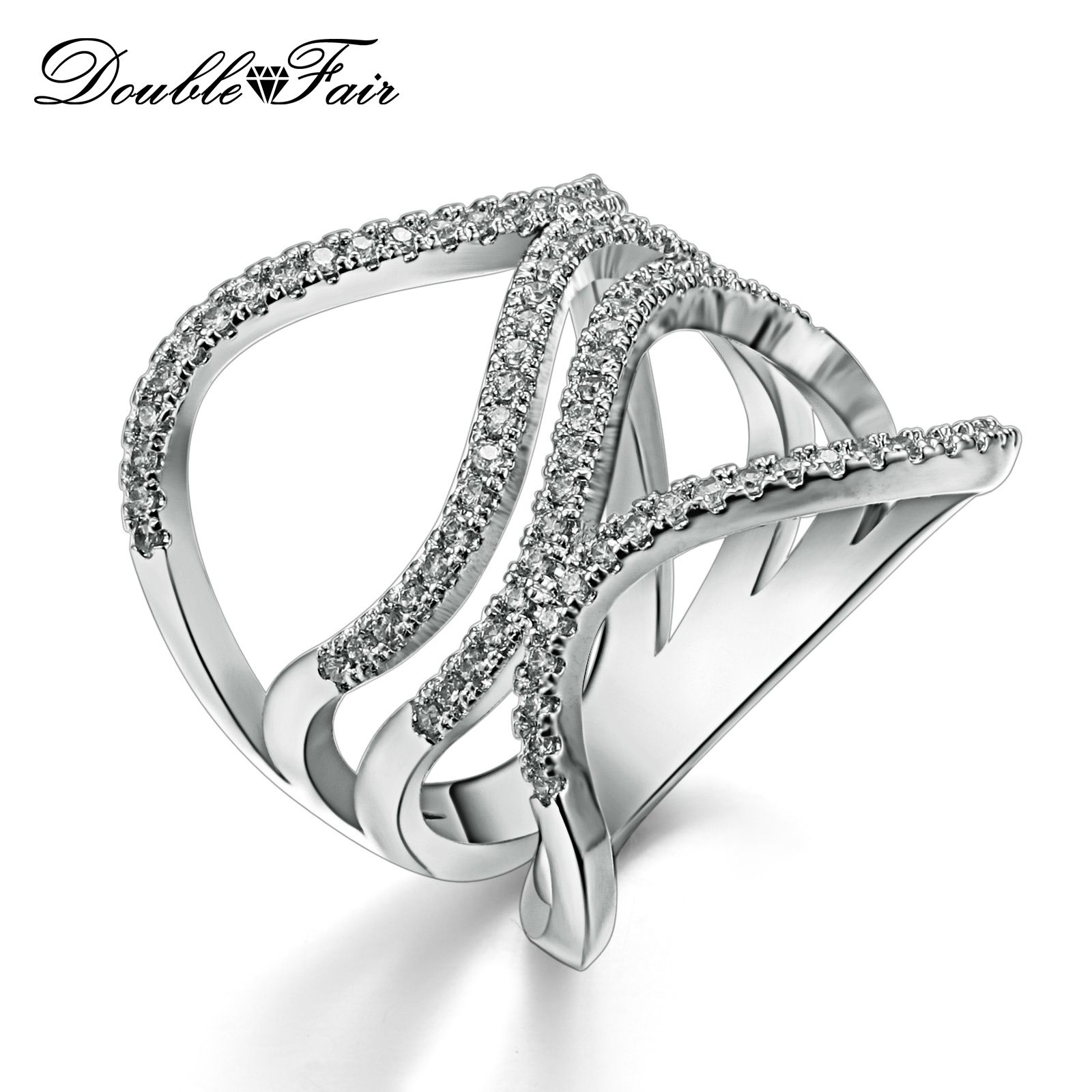 White Gold Plated Pave Setting Rings Twisted Silver Tone Metal ...