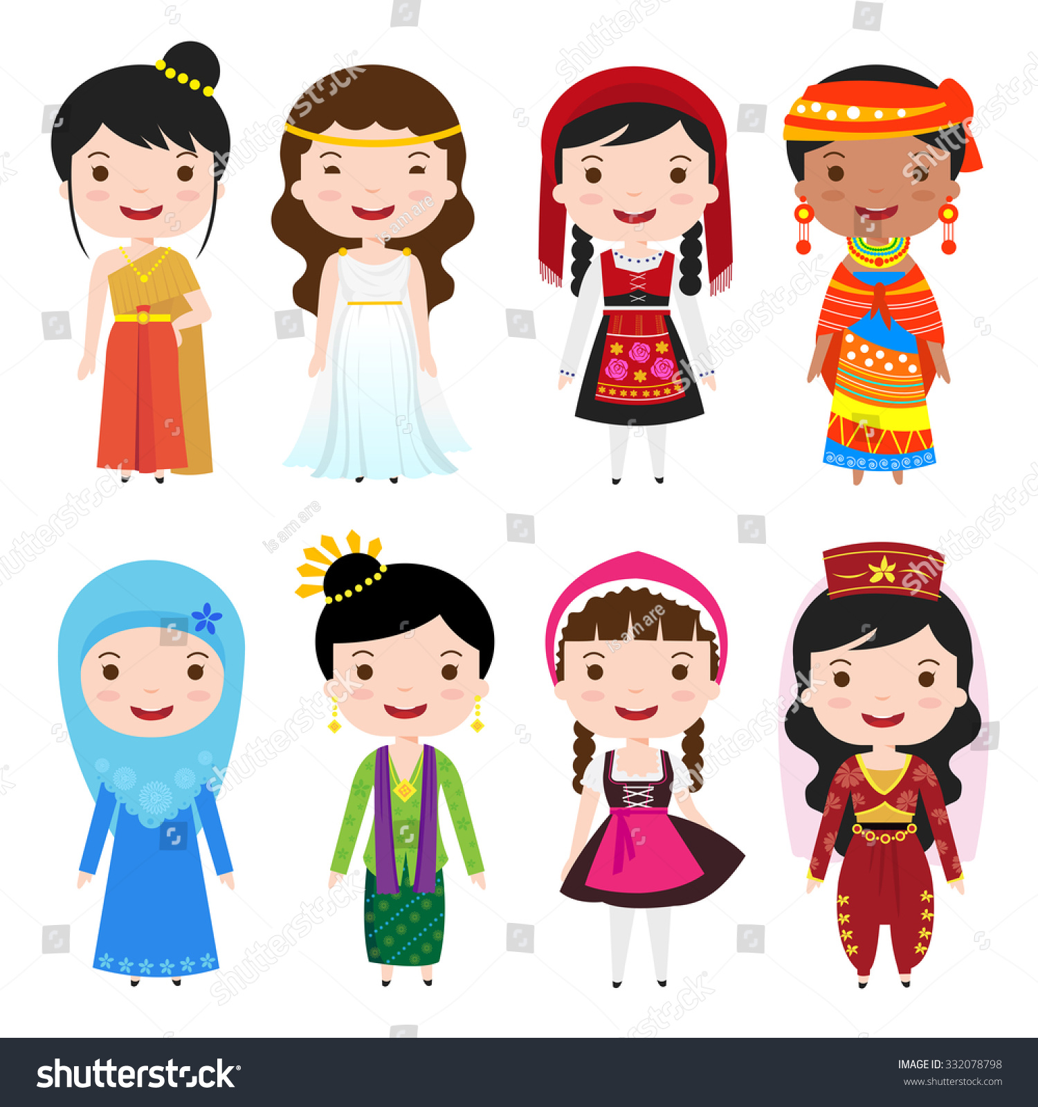 Traditional Costumes Clothing World Cartoon Girls Stock Vector (2018 ...