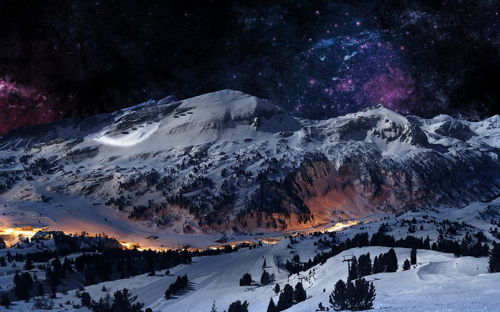 mountains, landscapes, winter, digital art, scene, night sky ...