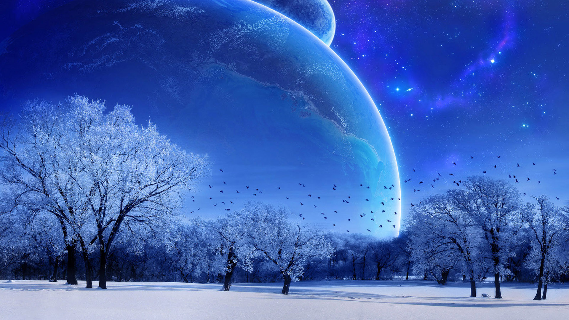 Digital Art Winter Scene with Huge Planets Visible | DIGITAL ART