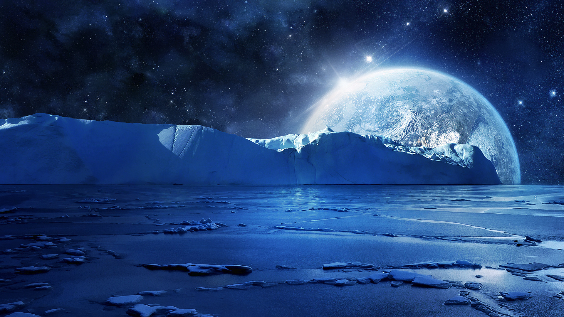 Art manip cg digital landscapes artic winter ocean sea moon sky ...