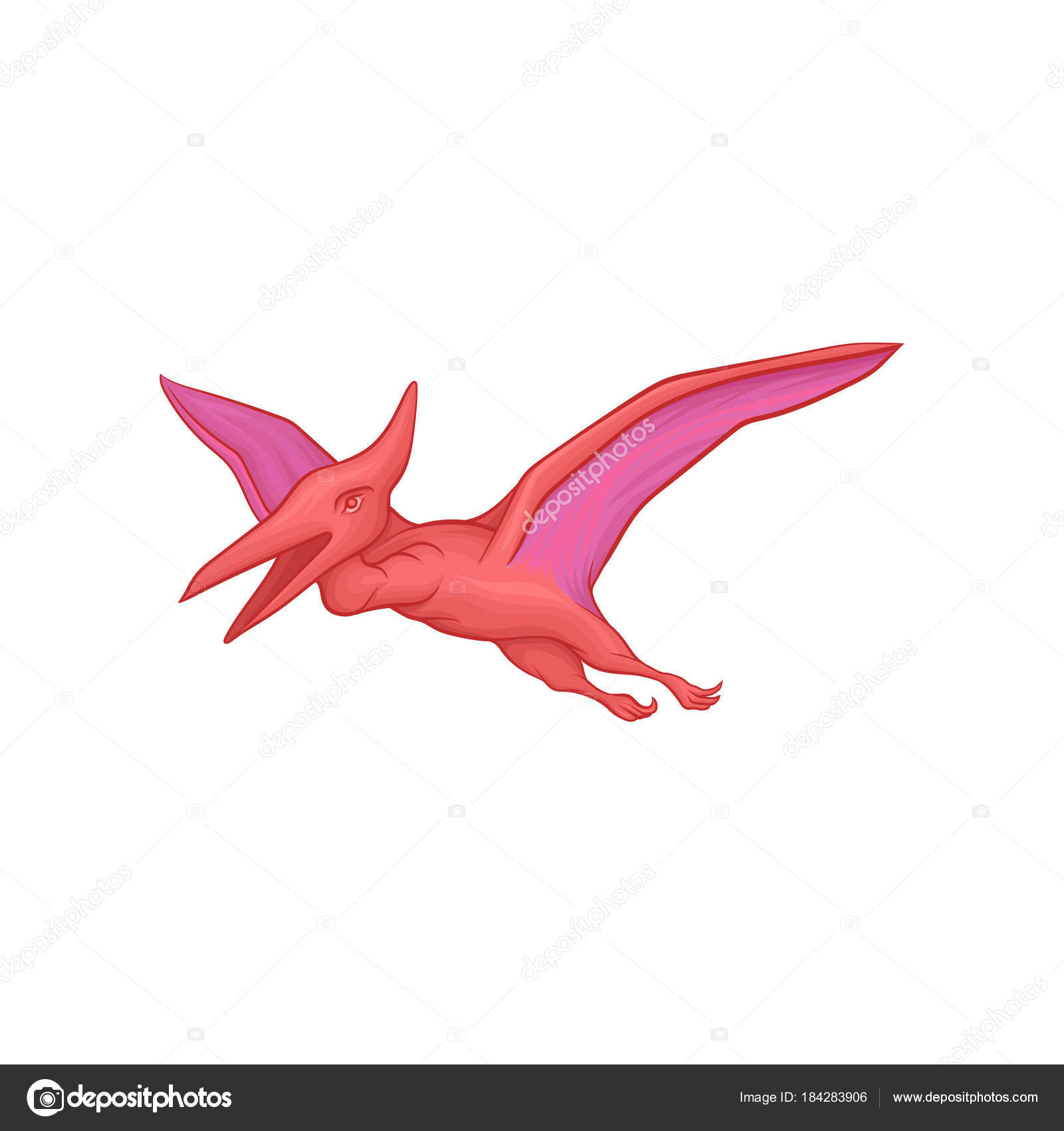 Pink pterodactyl in flying action. Cartoon prehistoric dinosaur ...