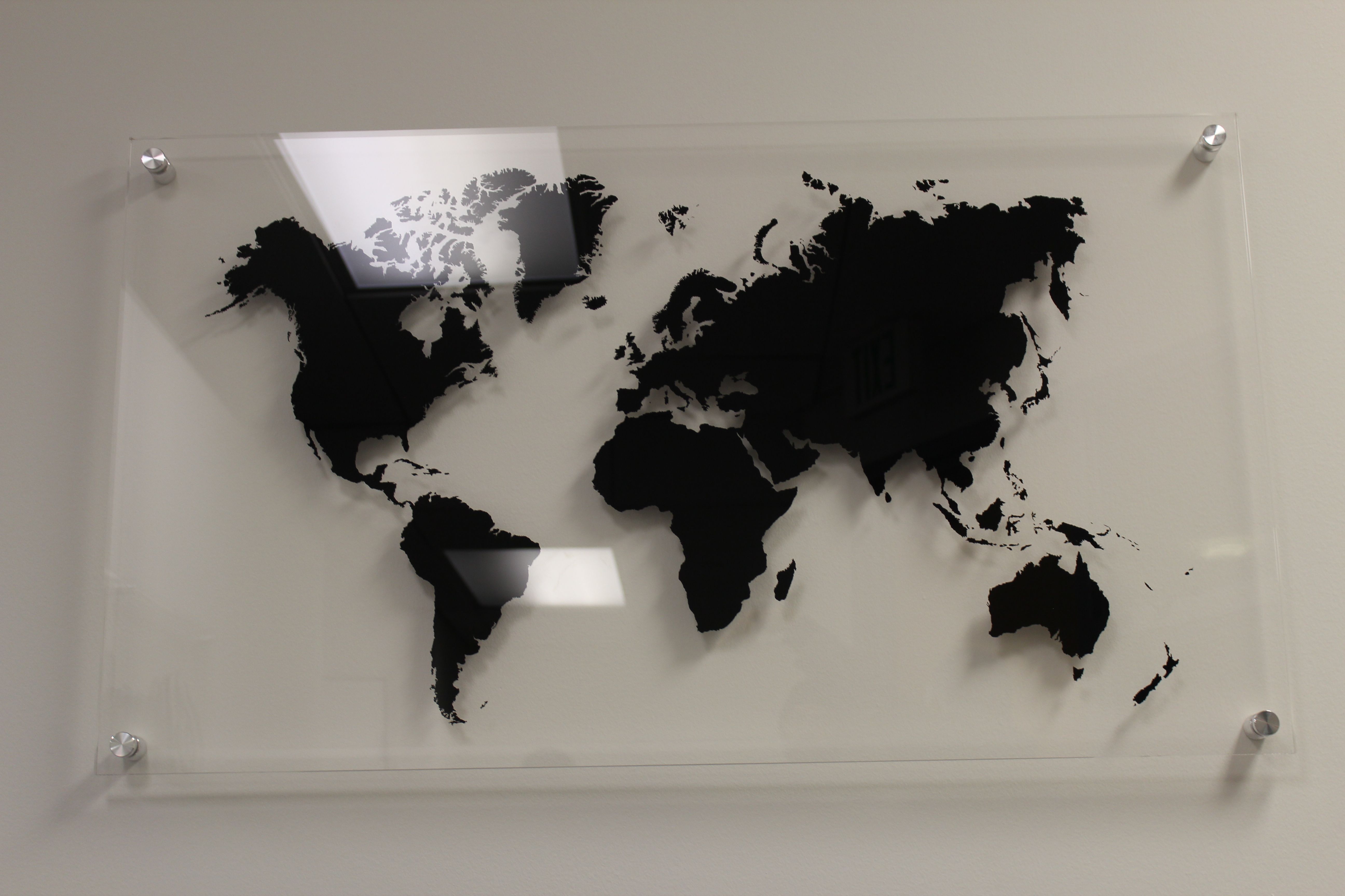 World map on plexiglass (second side) mounted with aluminum stand ...