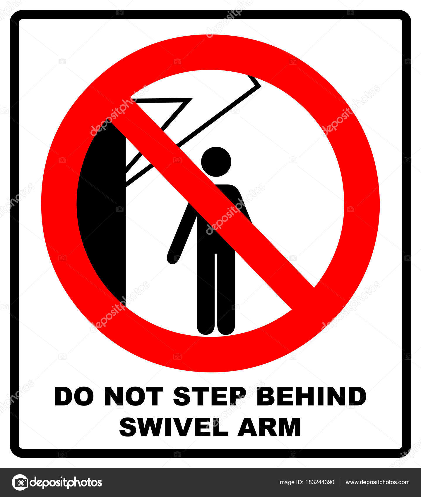 Do not step behind swivel arm sign. No people under raised load ...