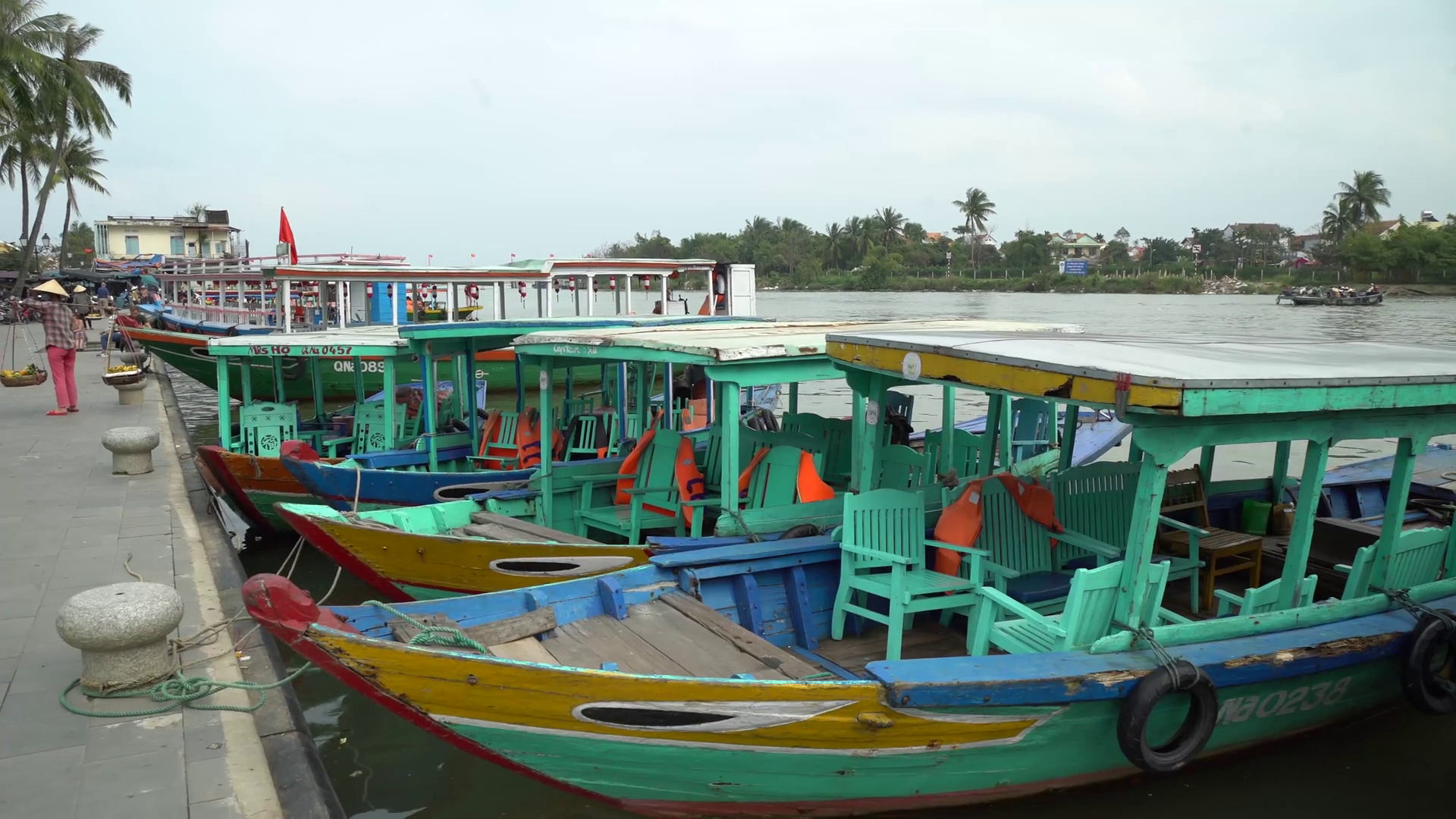 Colorful Vietnamese boats docked in Vietnam river January 2016 Stock ...