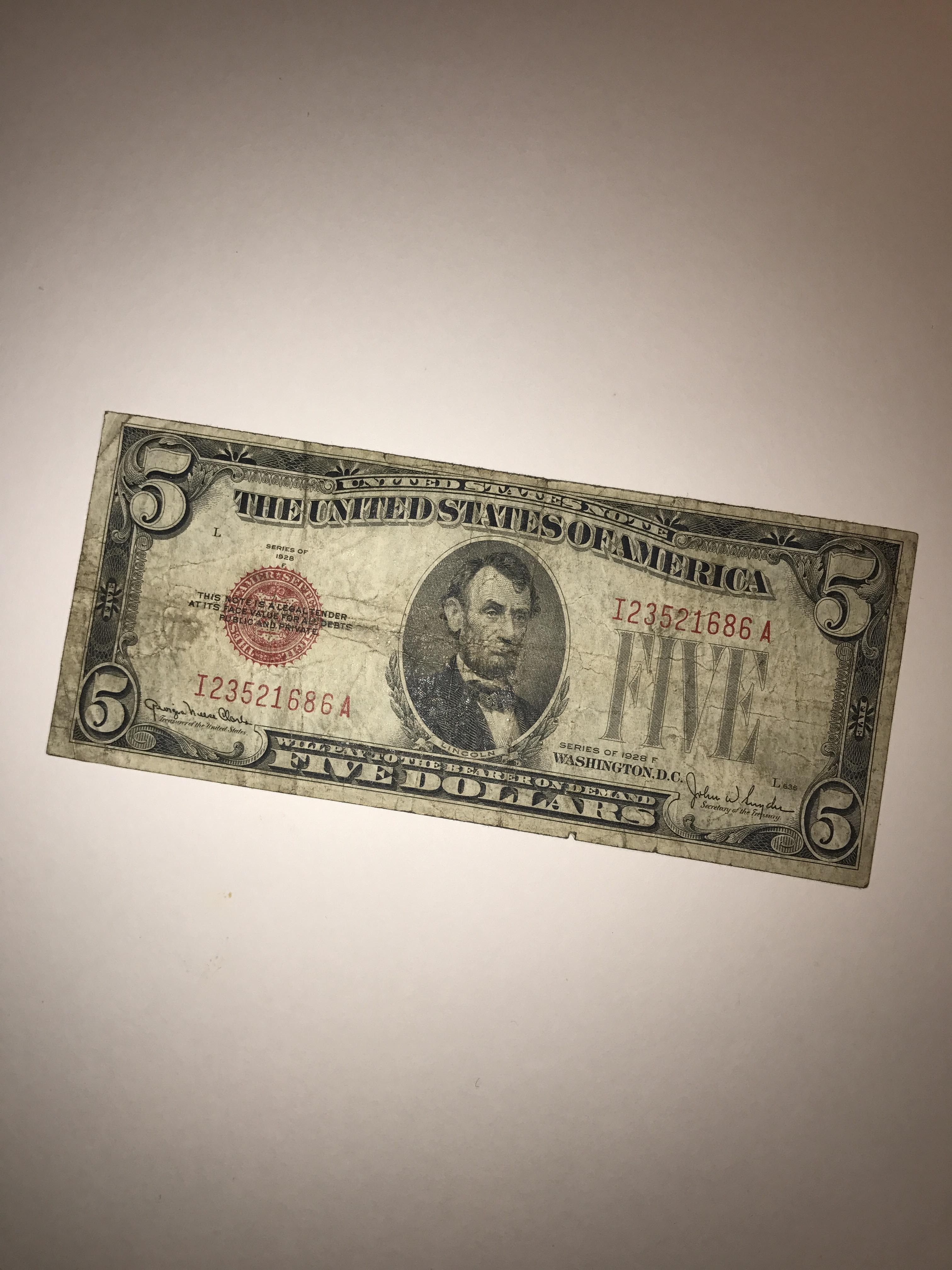 Someone paid me with a 1928 five dollar bill : mildlyinteresting