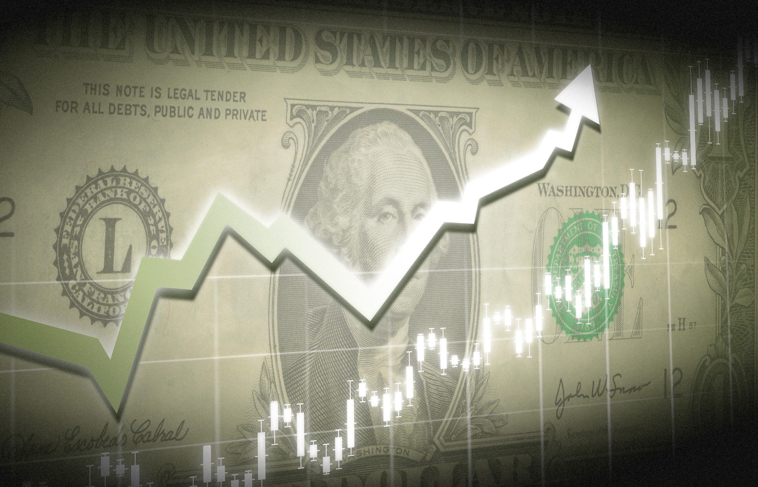 Dollar bill with financial graph superimposed photo