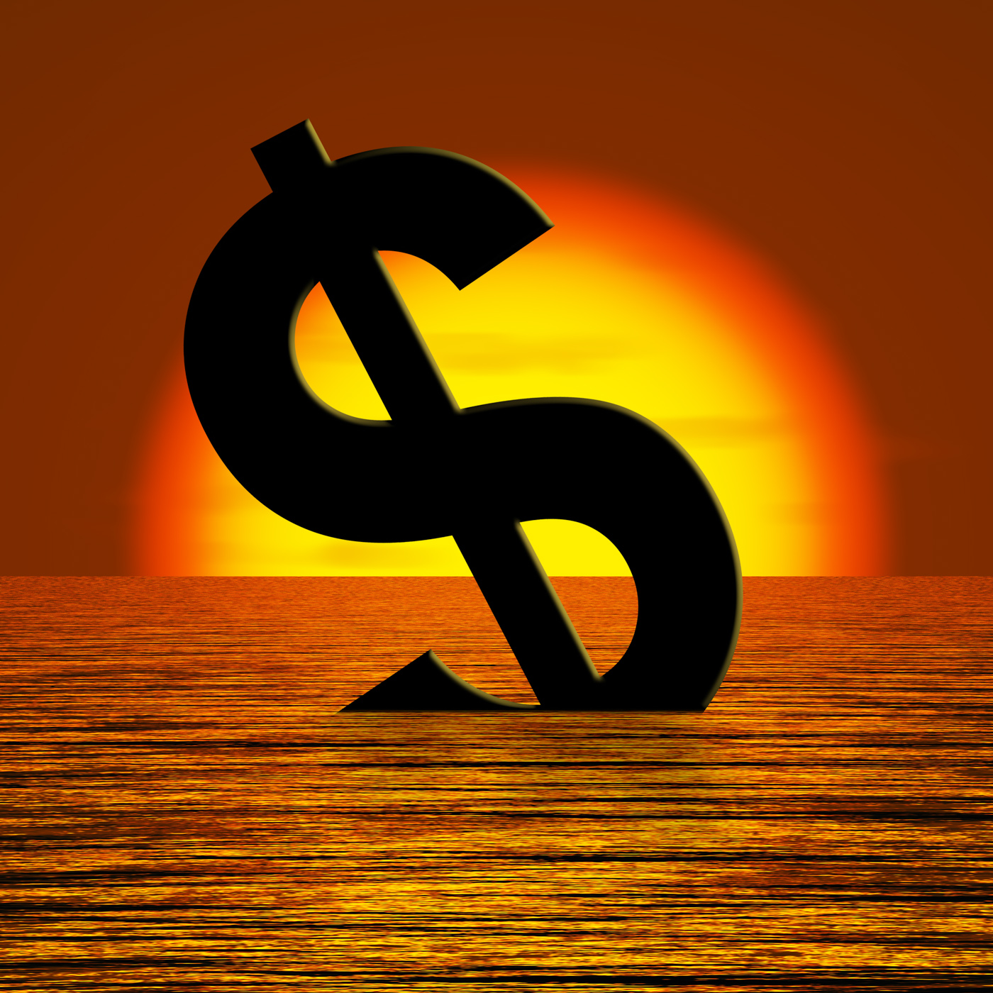 Dollar sinking and sunset showing depression recession and economic do photo