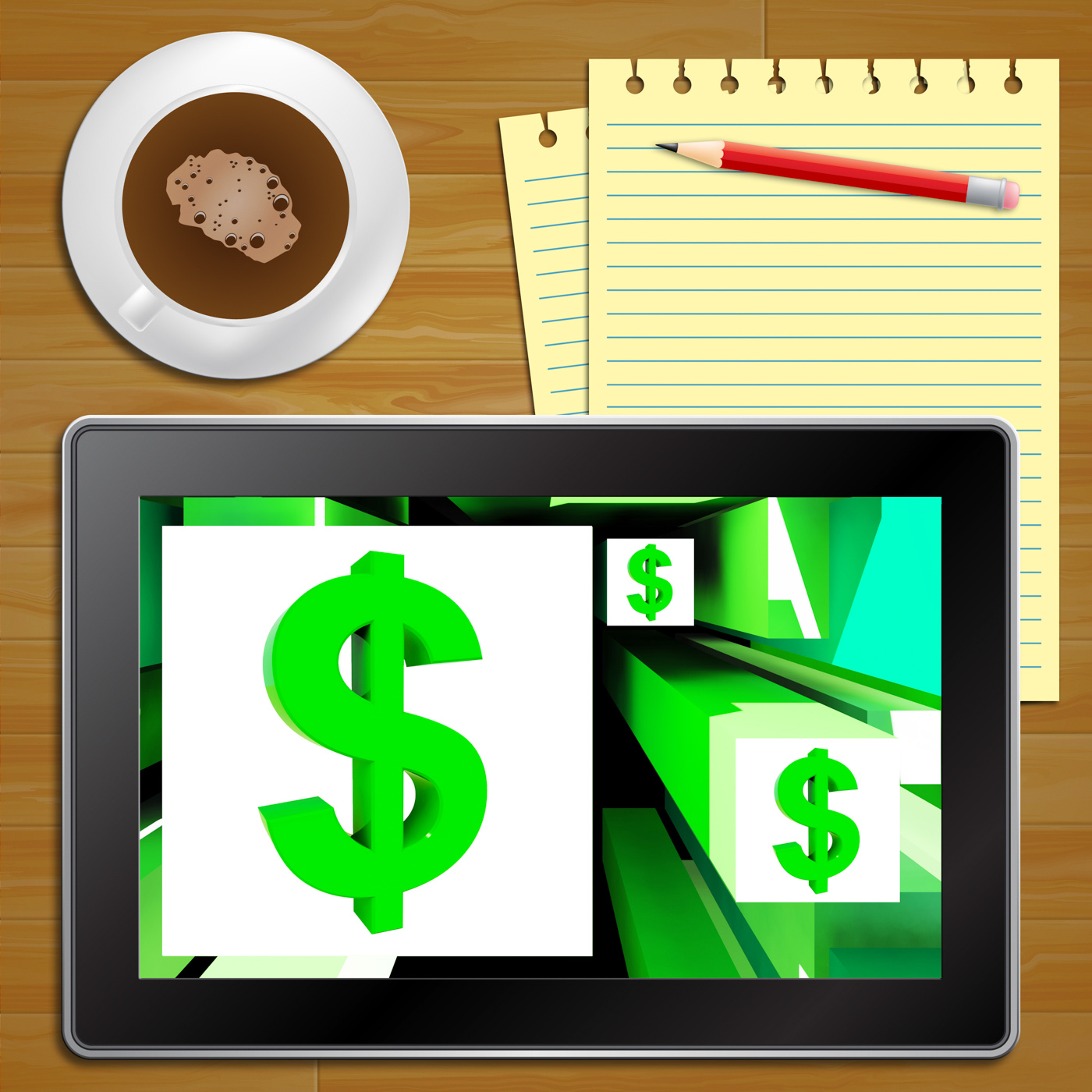 Dollar symbol on cubes american earnings tablet photo