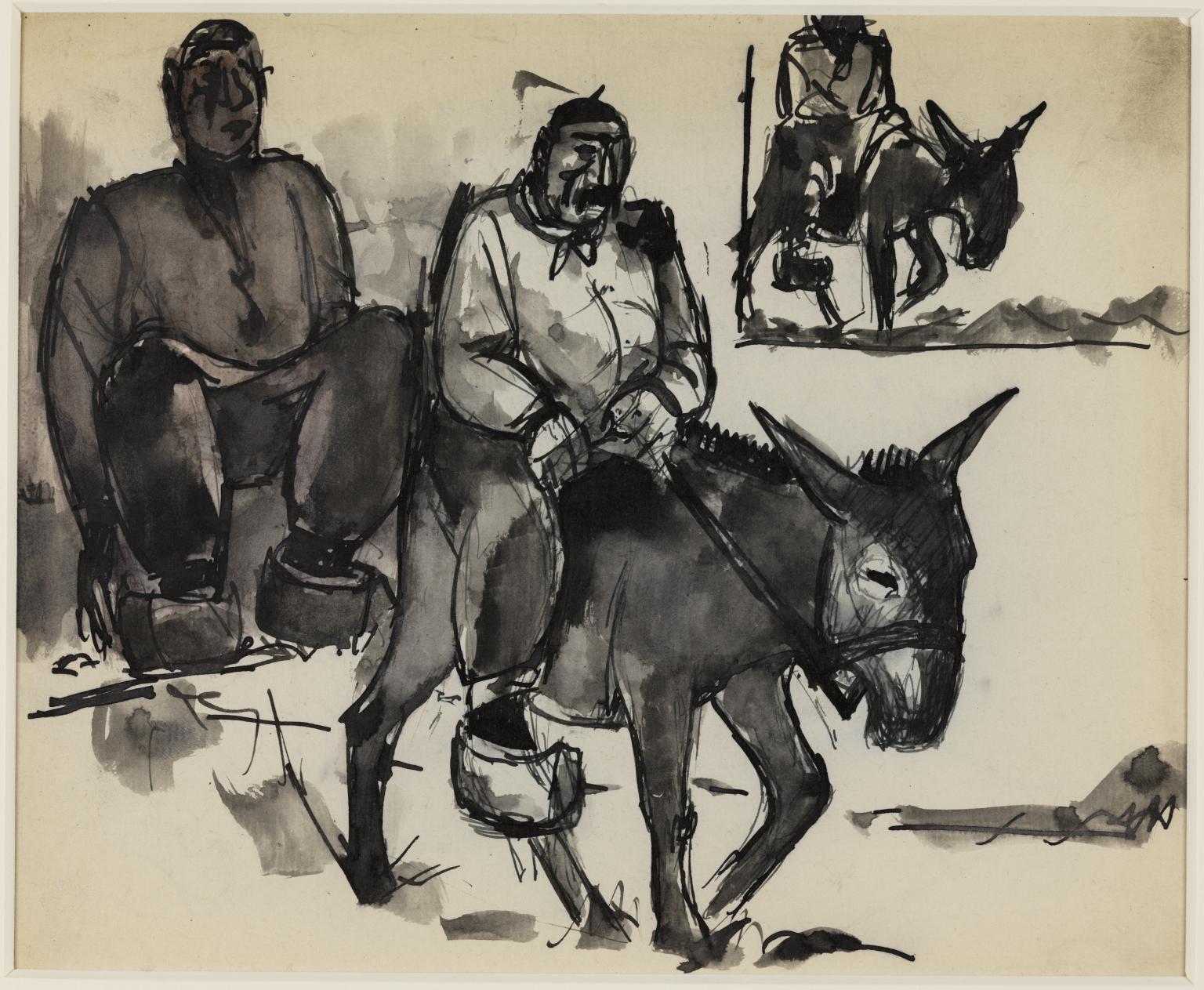 Sketch of a squatting man and a man on a donkey', Josef Herman, 1948 ...
