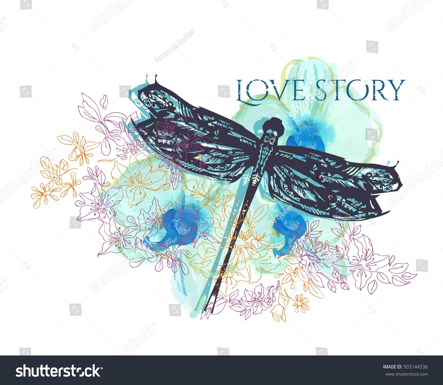 Sketch Dragonfly Flowers On Abstract Background Stock Vector (2018 ...