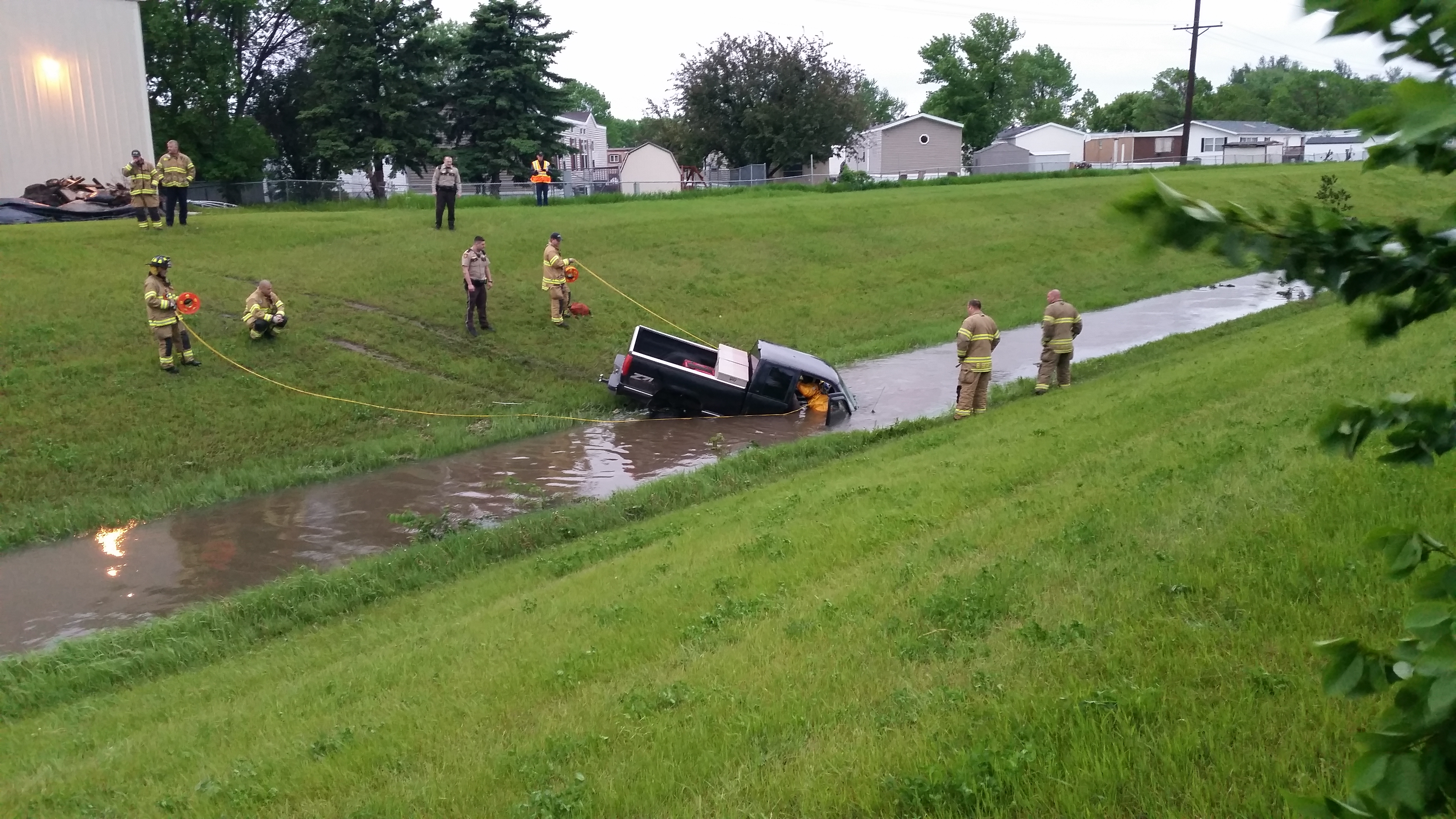 Truck found partially submerged in North Fargo drainage ditch