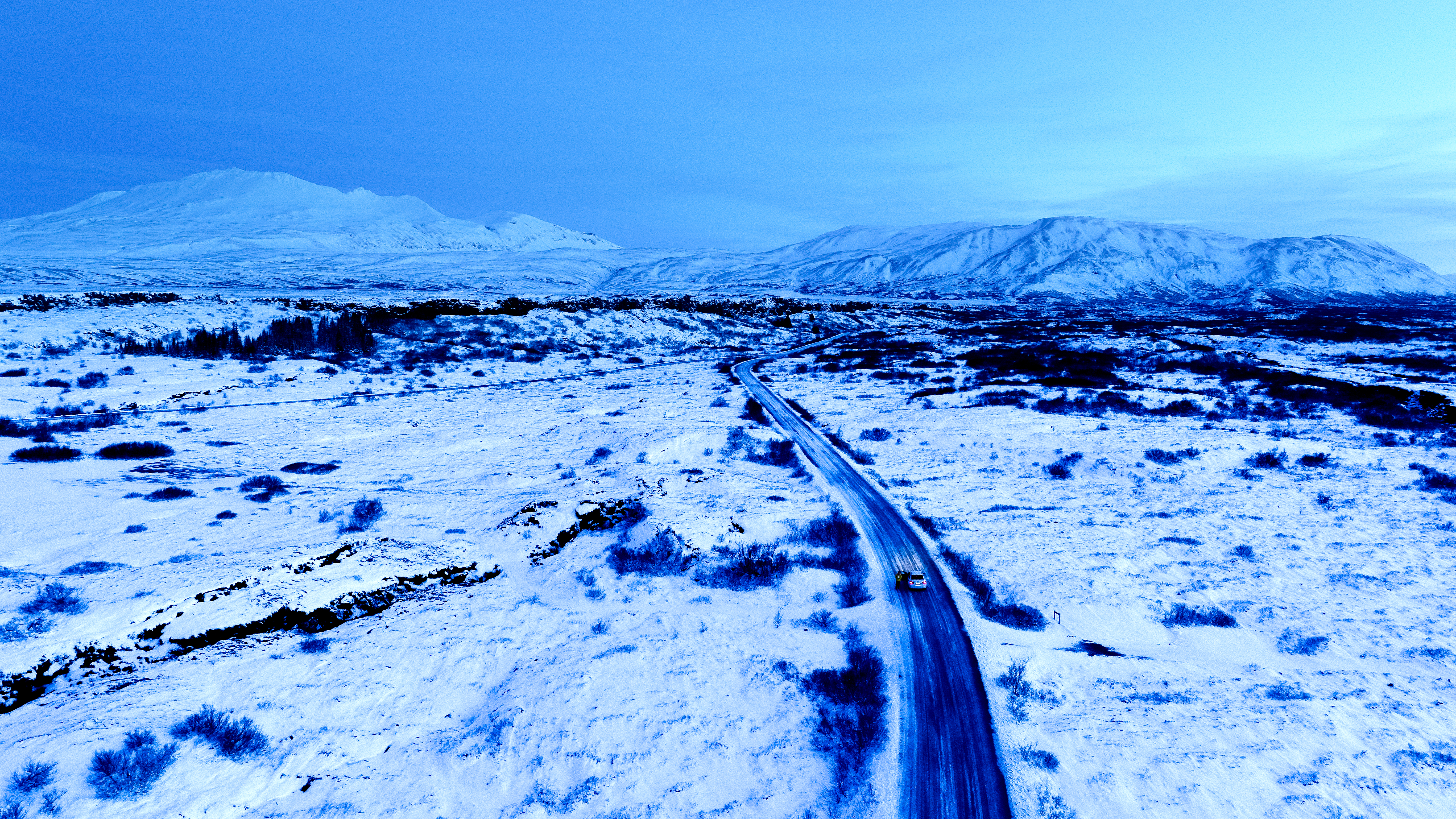 Driving during twilight, Iceland, Is, Landscape, Snow, HQ Photo