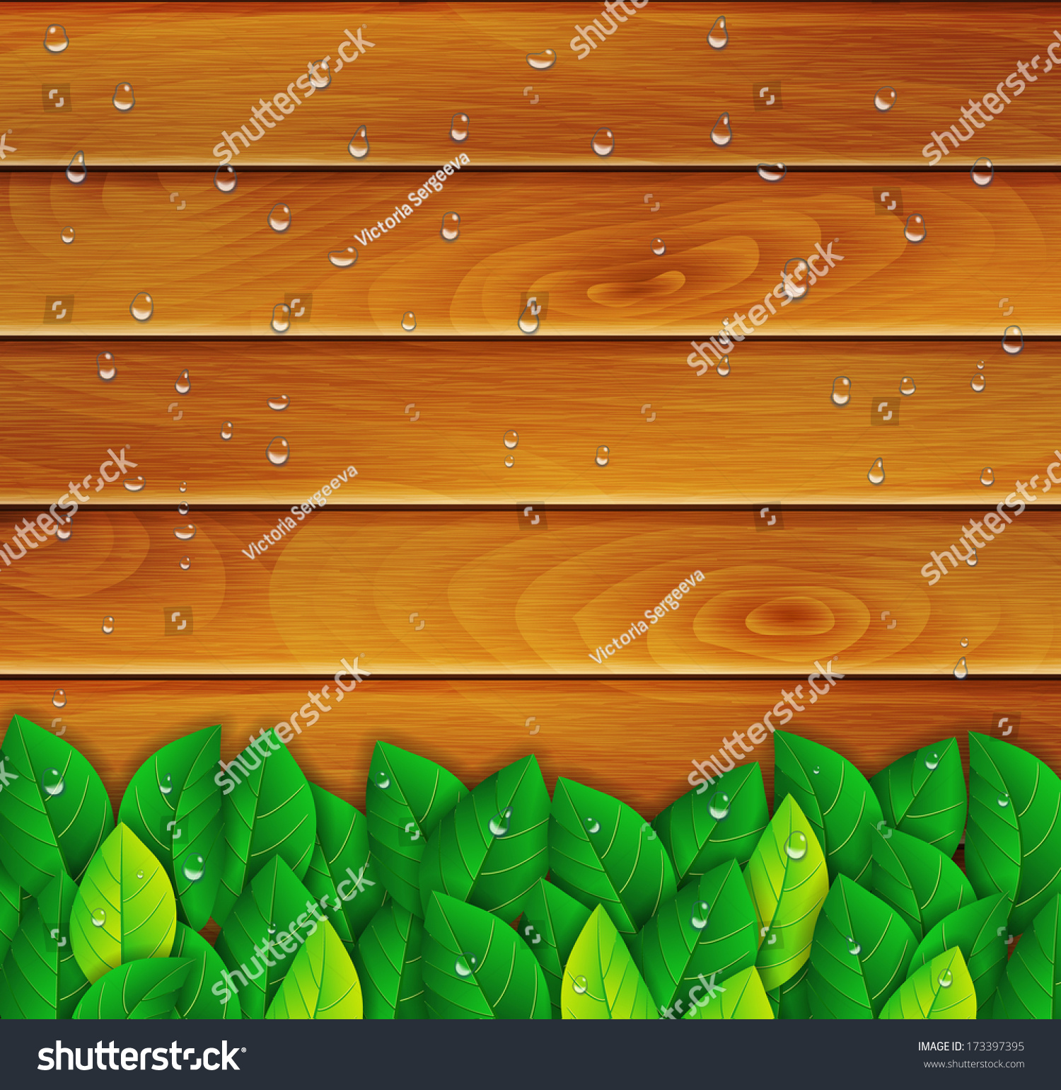 Leaves On Wooden Background Water Droplets Stock Vector (2018 ...