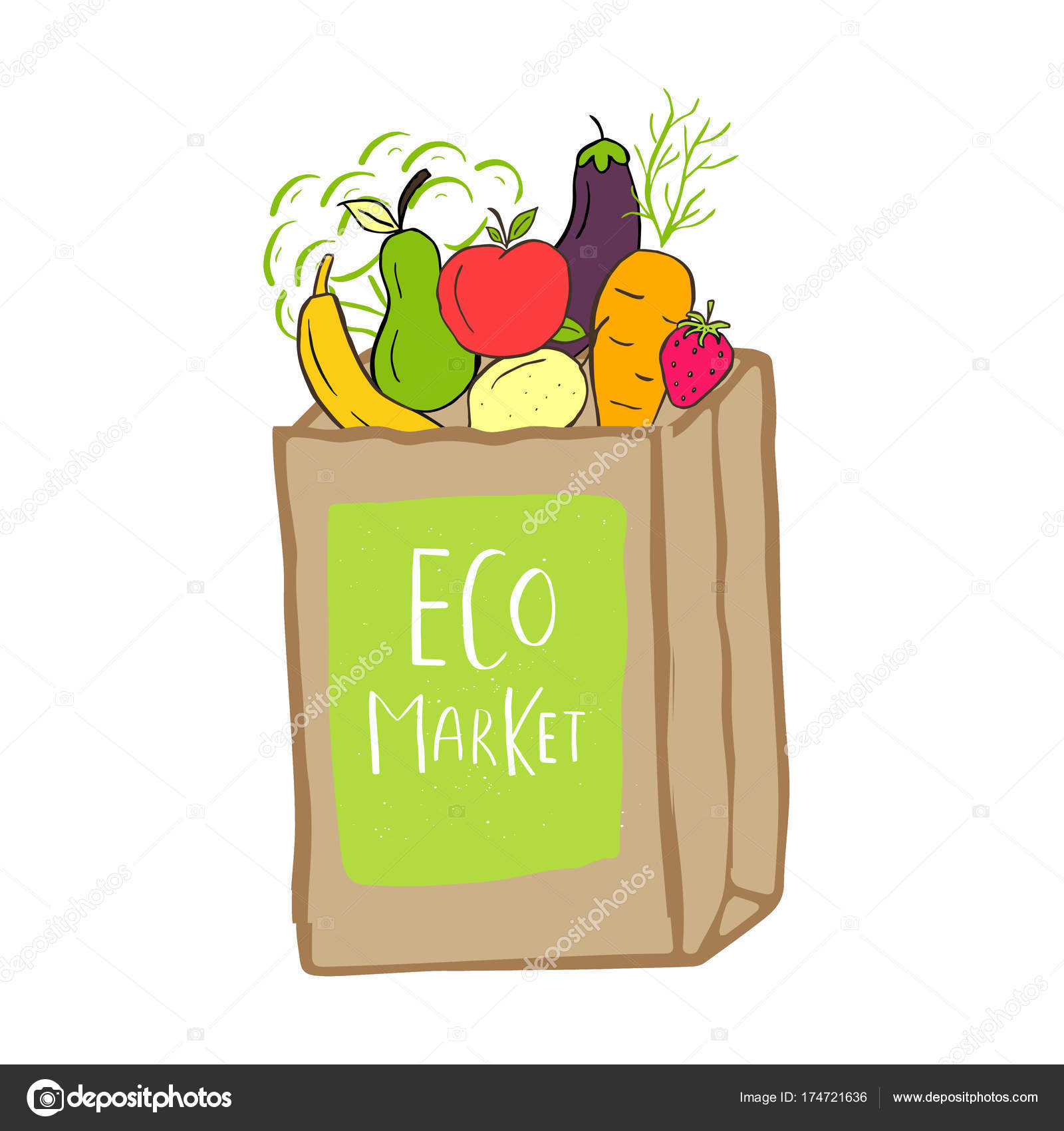 Hand Drawn Shopping Bag Lettering Eco Market Green Food Fruits ...
