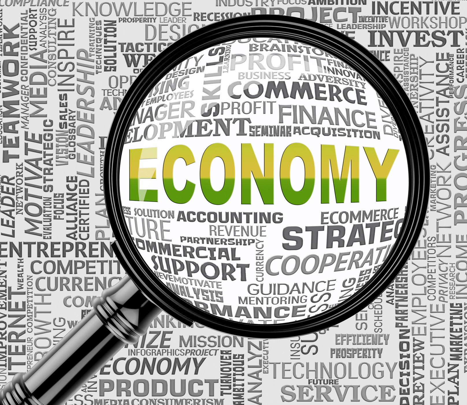 Economy magnifier shows macro economics 3d rendering photo