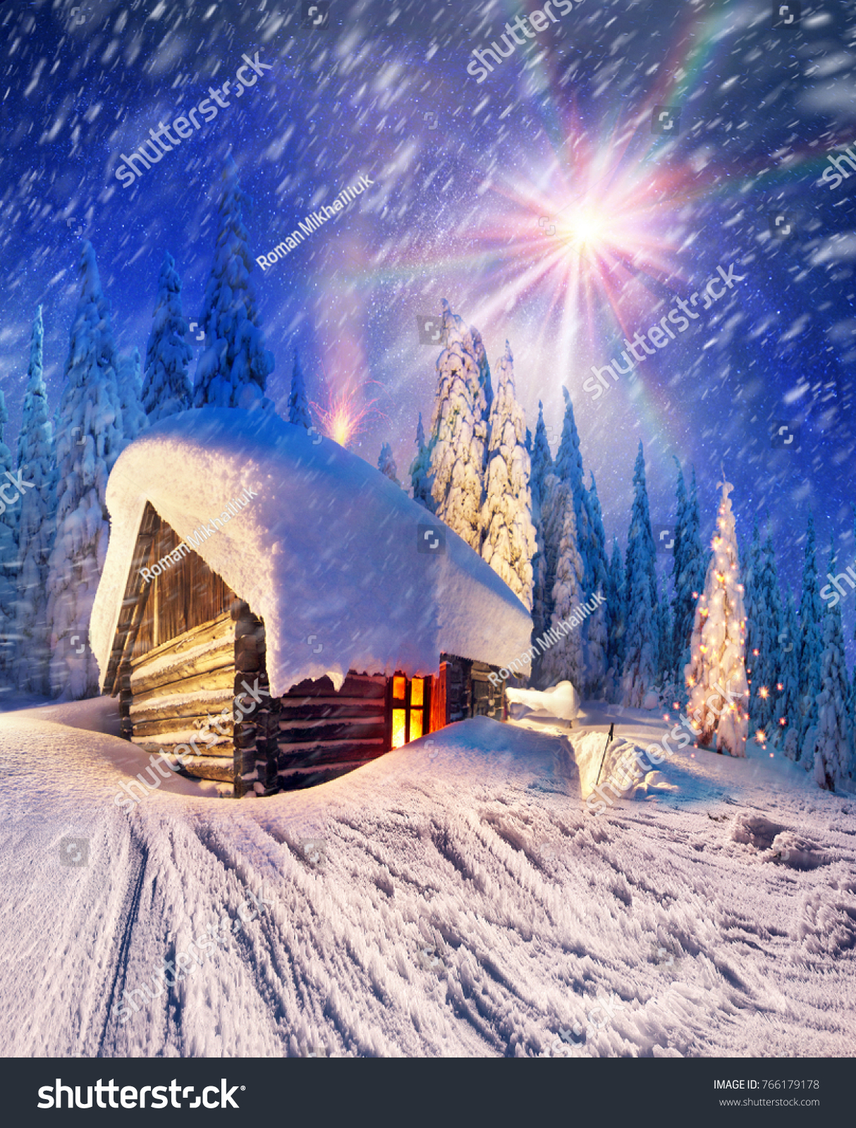 Snowy Eddies Night Walk Christmas House Stock Photo (Royalty Free ...