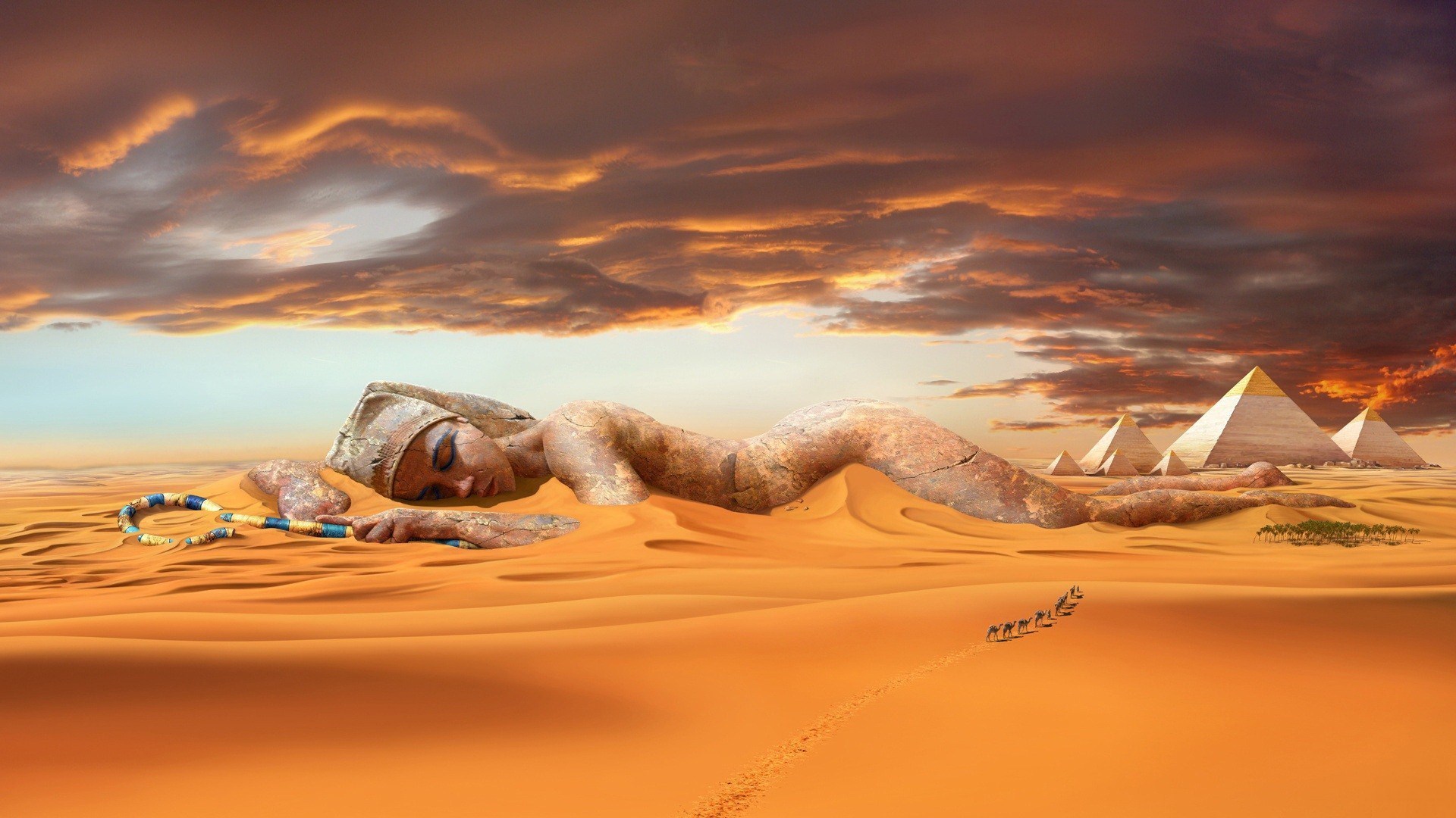 Egypt, Desert, Statue, Oasis Camels, Clouds, Woman, Bend Over | book ...