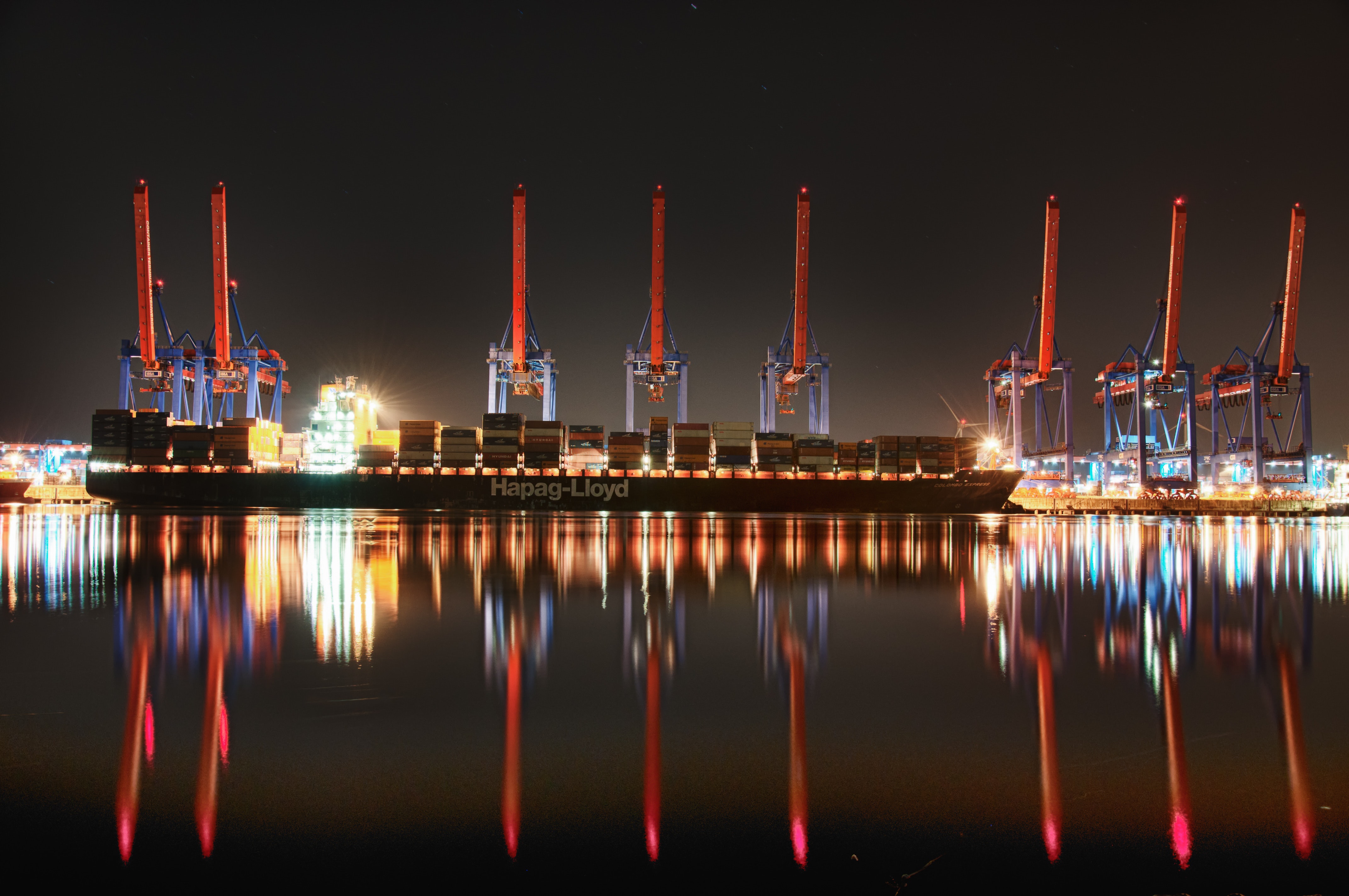 Eight Red Steel Cranes, Bay, Modern, Natural gas, Night, HQ Photo
