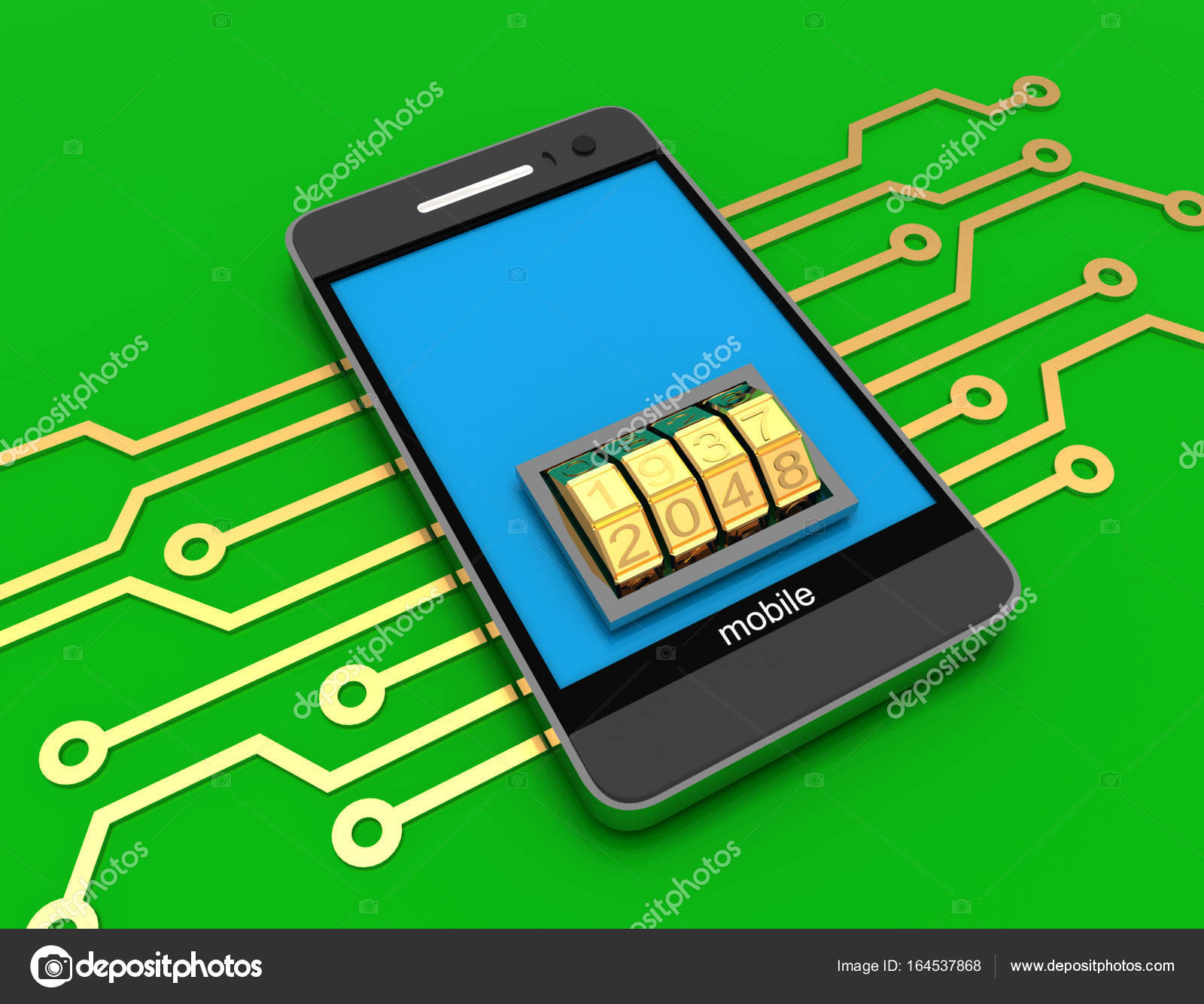 Mobile phone with electronic circuit and lock dial . 3d rendered ...