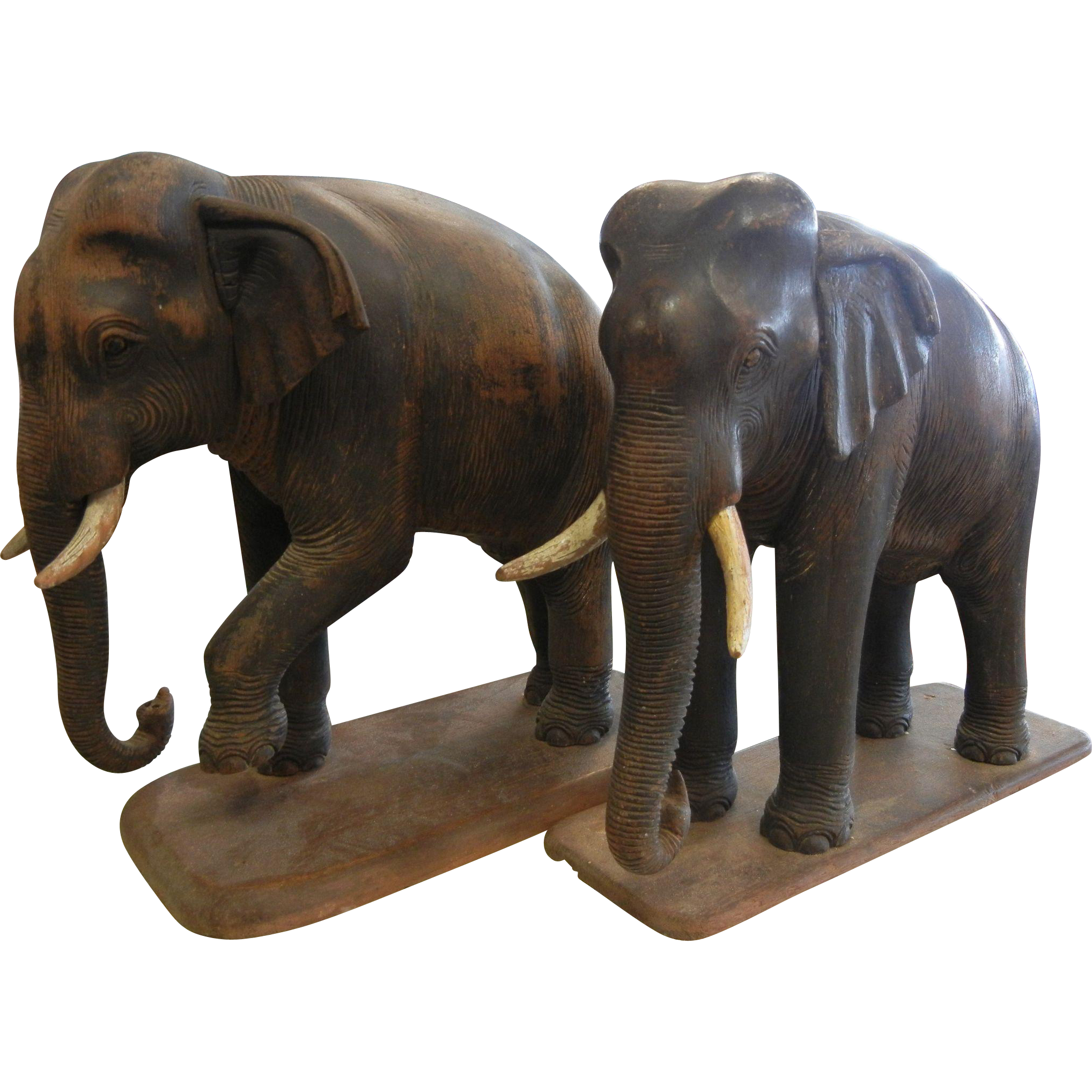 Antique Wooden Carved Realistic Pair of Elephant Statues SOLD | Ruby ...