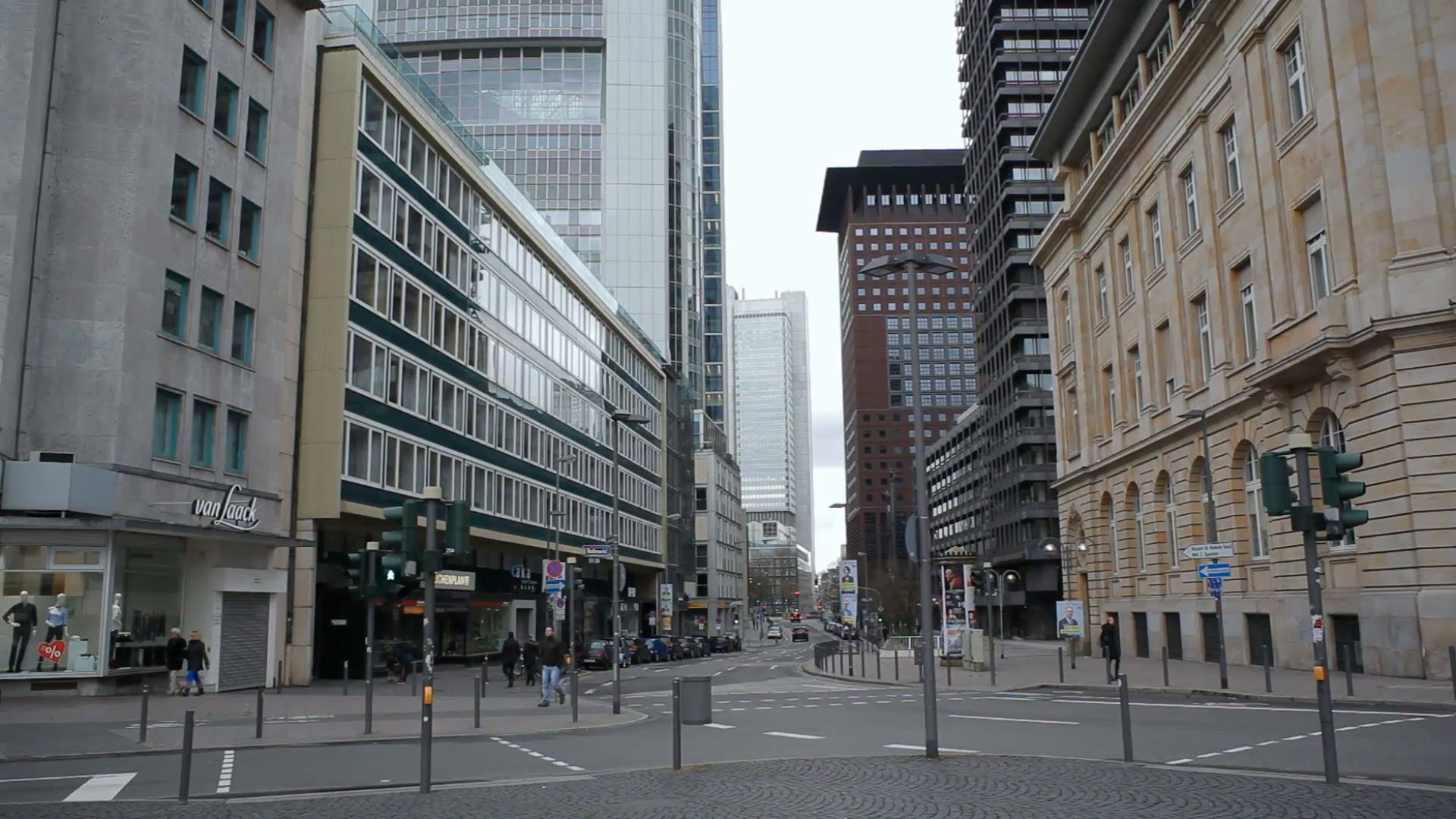 Empty street road in Frankfurt city center, skyscrapers, Germany ...